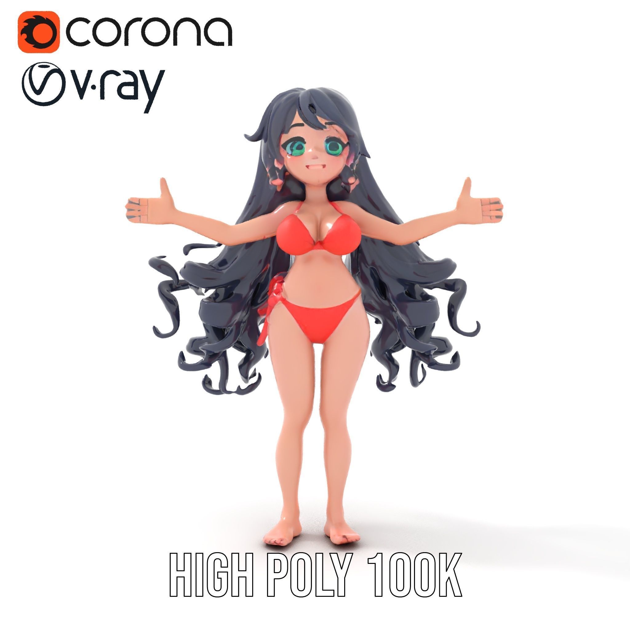 Rigged and Animated Anime Beachwear Character Model Low-poly 3D model_26