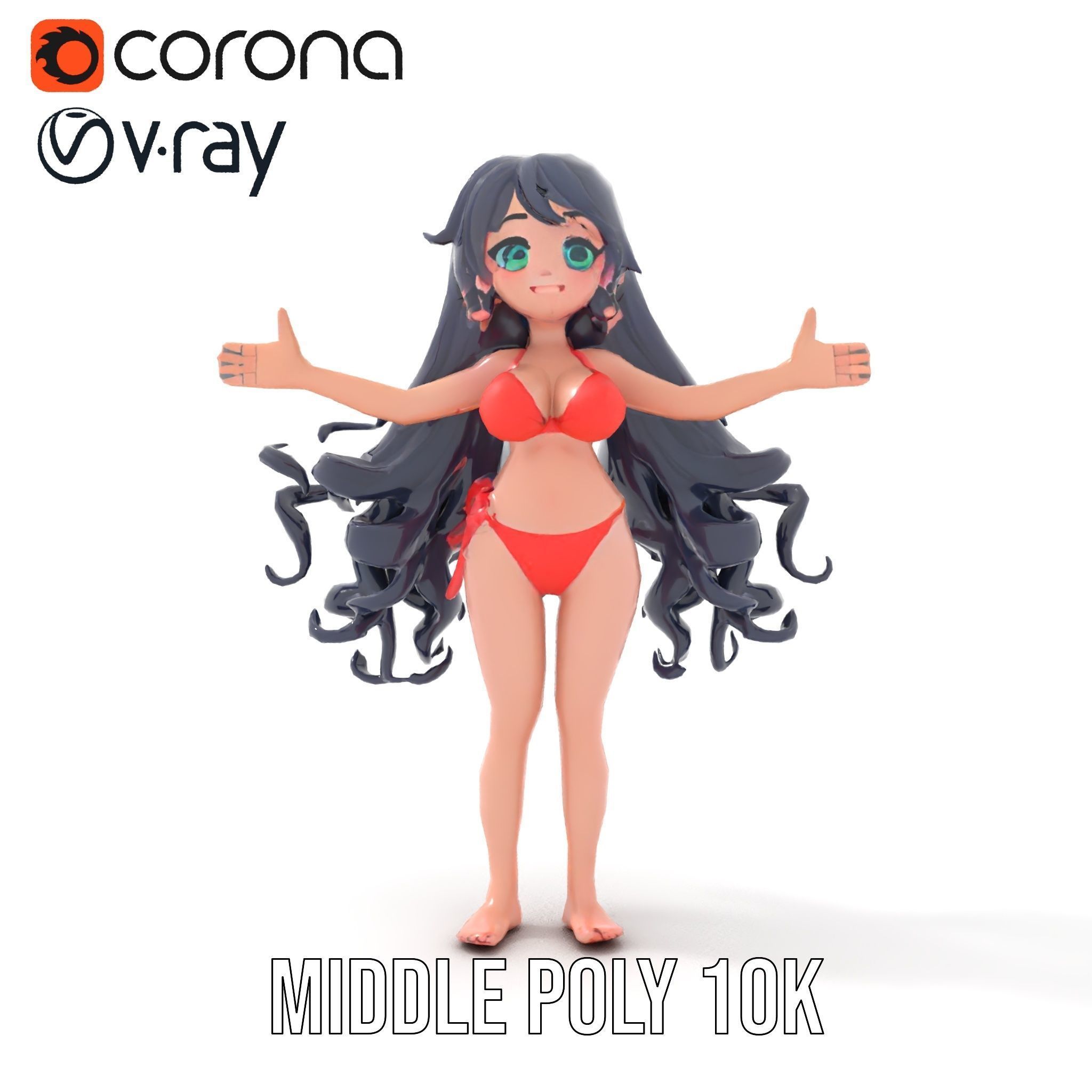 Rigged and Animated Anime Beachwear Character Model Low-poly 3D model_27