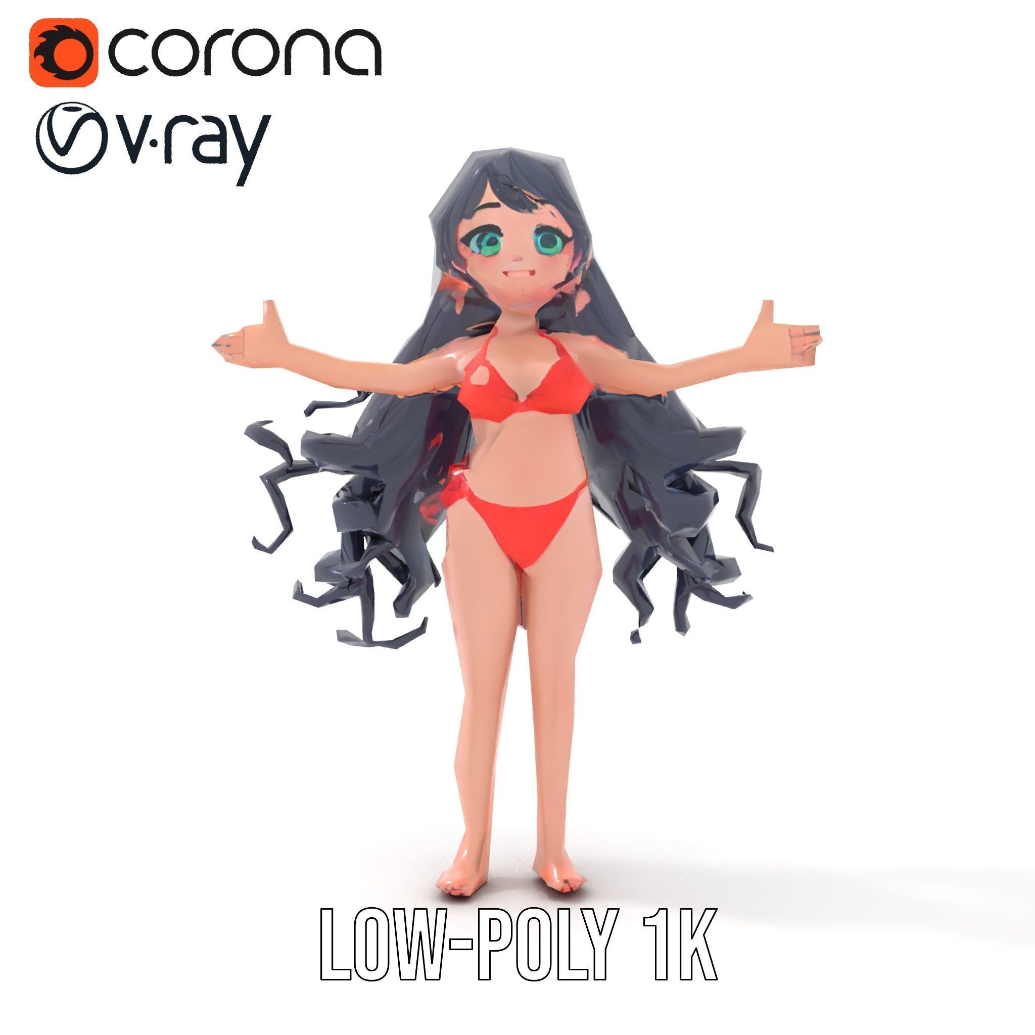Rigged and Animated Anime Beachwear Character Model Low-poly 3D model_22