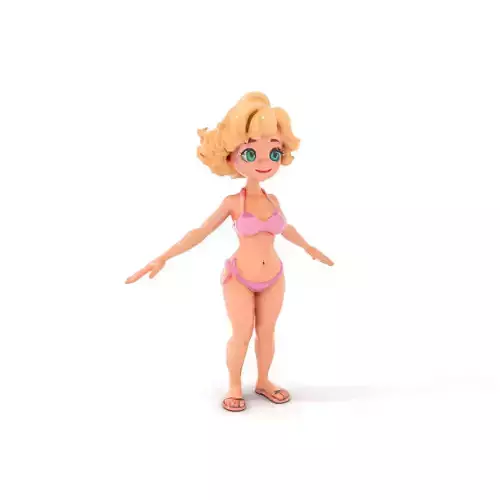 Animated Cartoon Female Character Model in Swimsuit Rigged and Animated