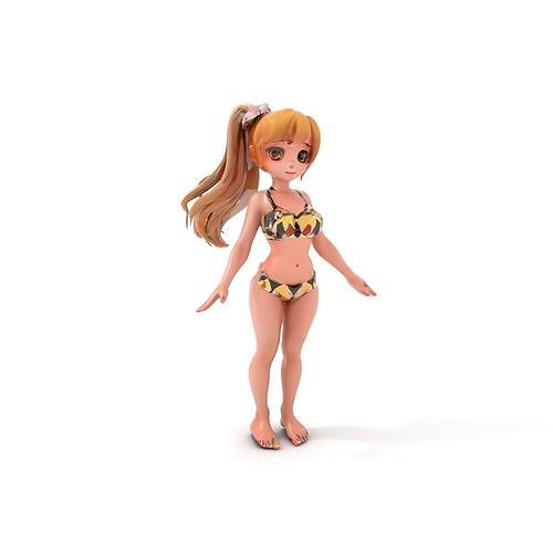 Anime Girl Character Model in Bikini  Rigged and Animated Low-poly 3D model