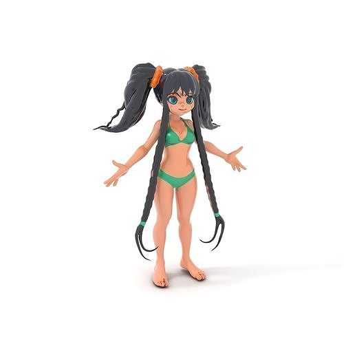 Animated Girl Character Model with Braids in Swimwear Rigged ... Low-poly 3D model