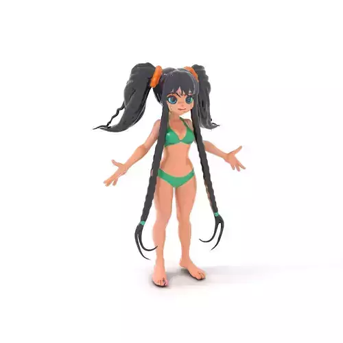 Animated Girl Character Model with Braids in Swimwear Rigged and Animated