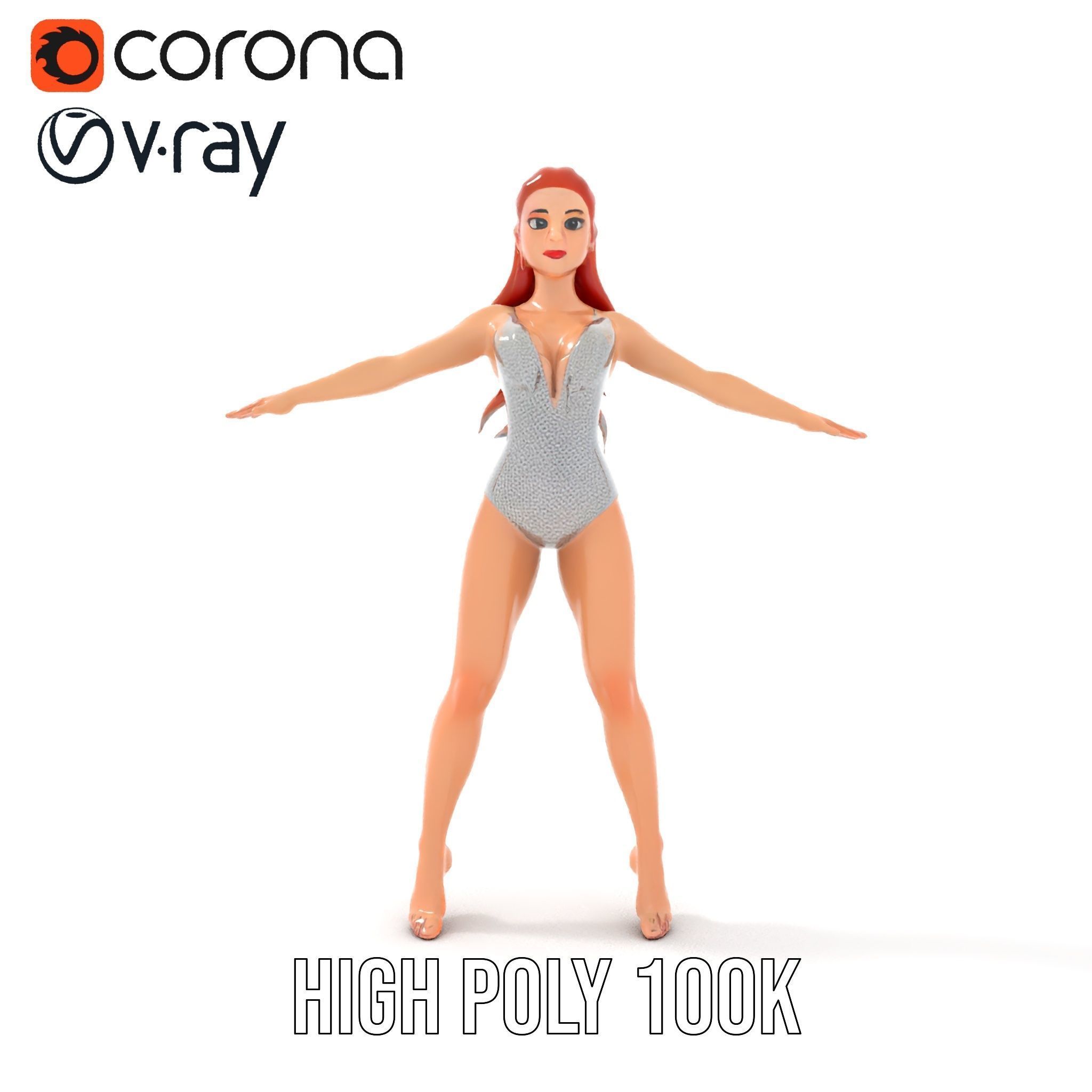 Glamorous Redhead Female Character Model Rigged and Animated Low-poly 3D model_33