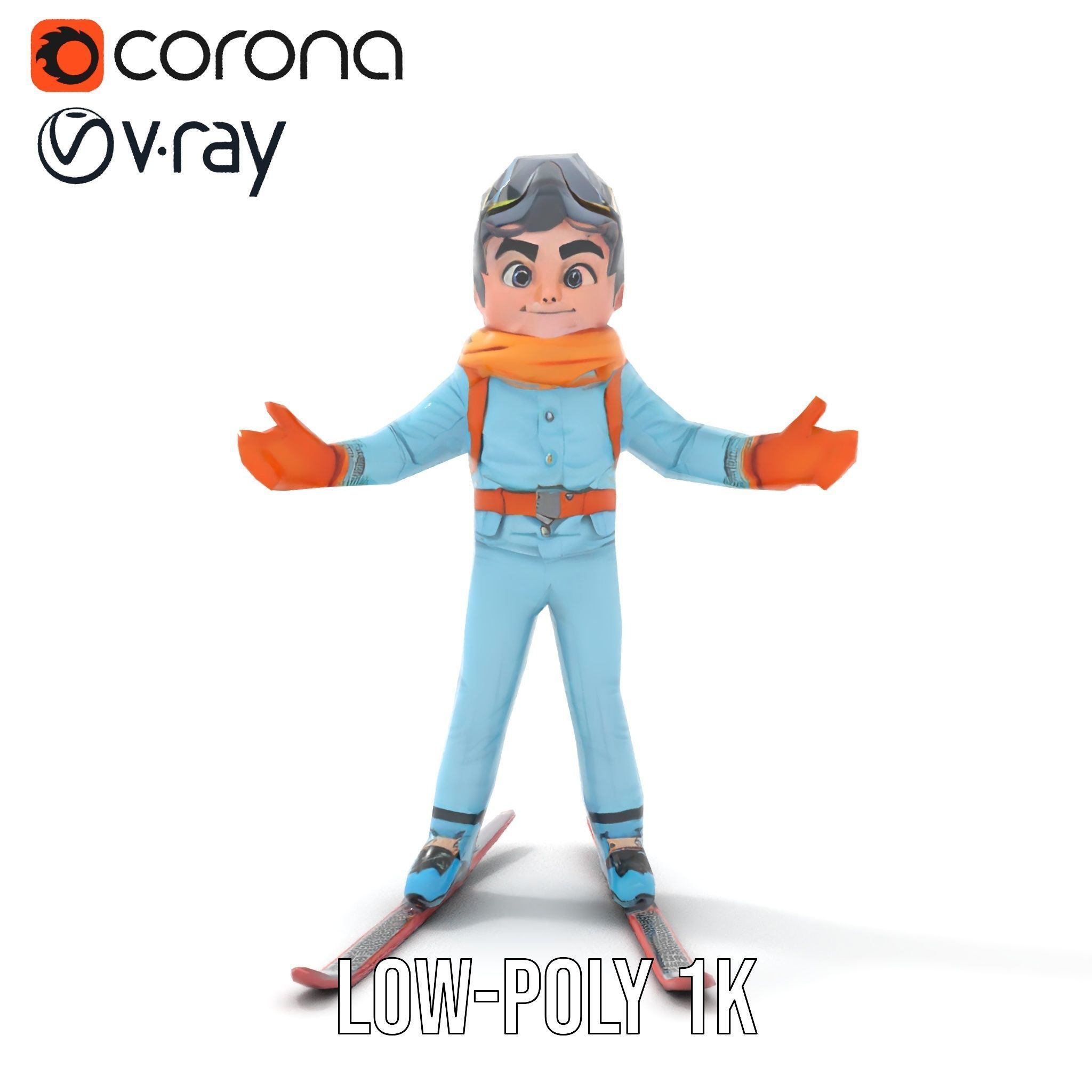 Animated Young Skier in Winter Outfit Rigged and Animated Low-poly 3D model_7