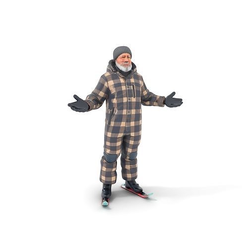 Elderly Male Snowboarder in Plaid Outfit Rigged and Animated Low-poly 3D model