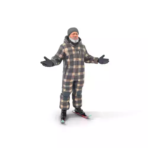 Elderly Male Snowboarder in Plaid Outfit Rigged and Animated
