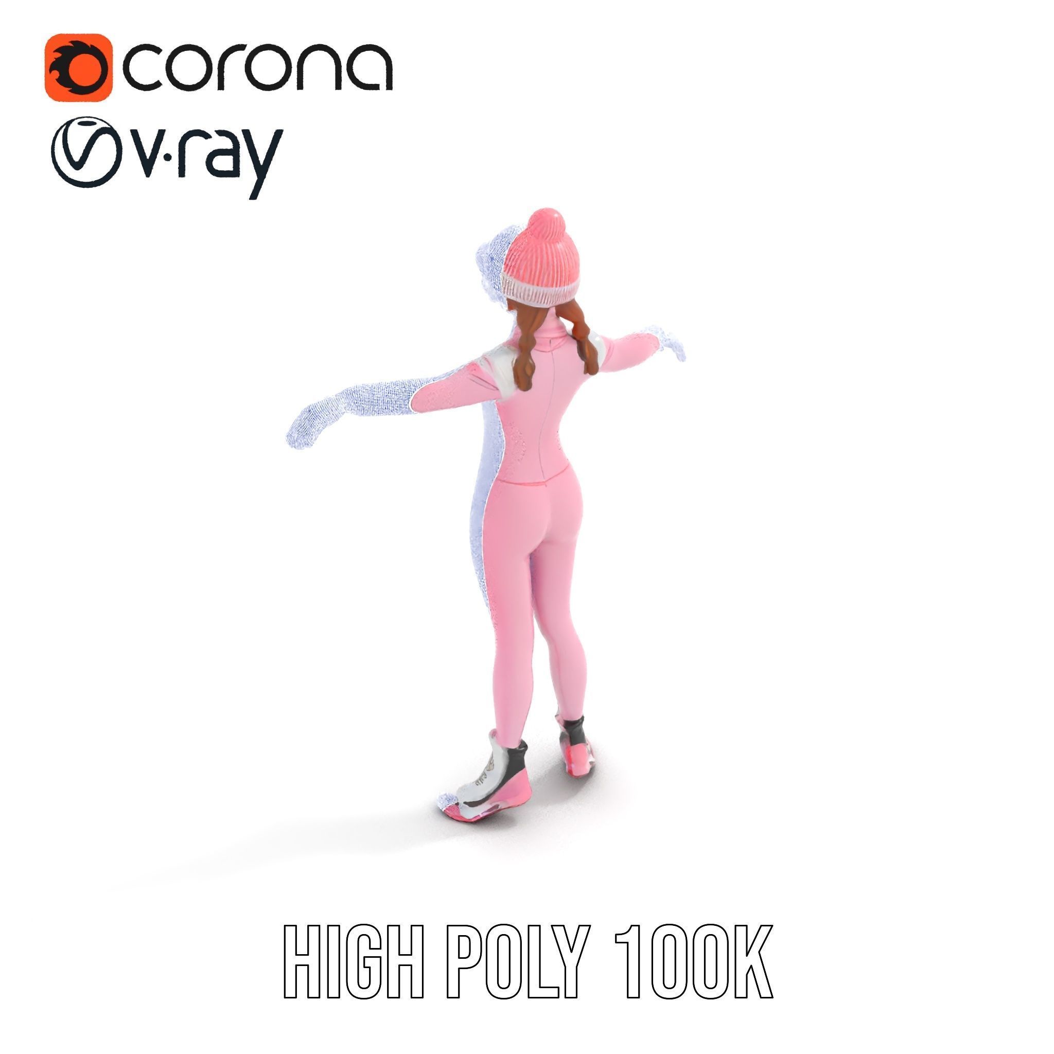 Pink Winter Skater Girl Rigged and Animated Low-poly 3D model_22