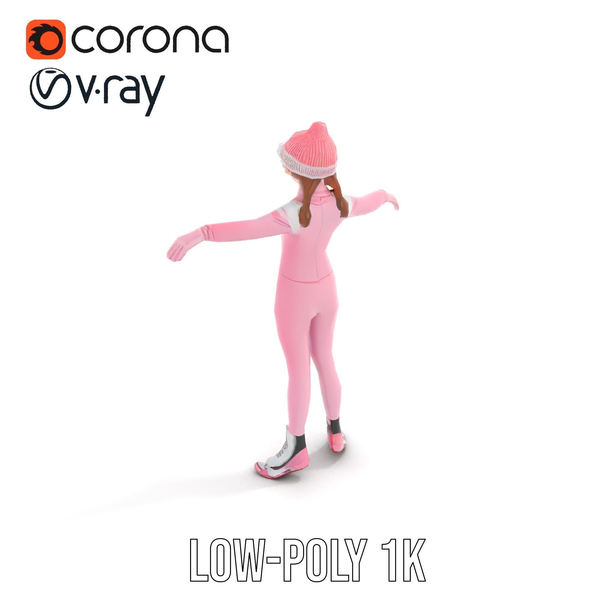 Pink Winter Skater Girl Rigged and Animated Low-poly 3D model_14