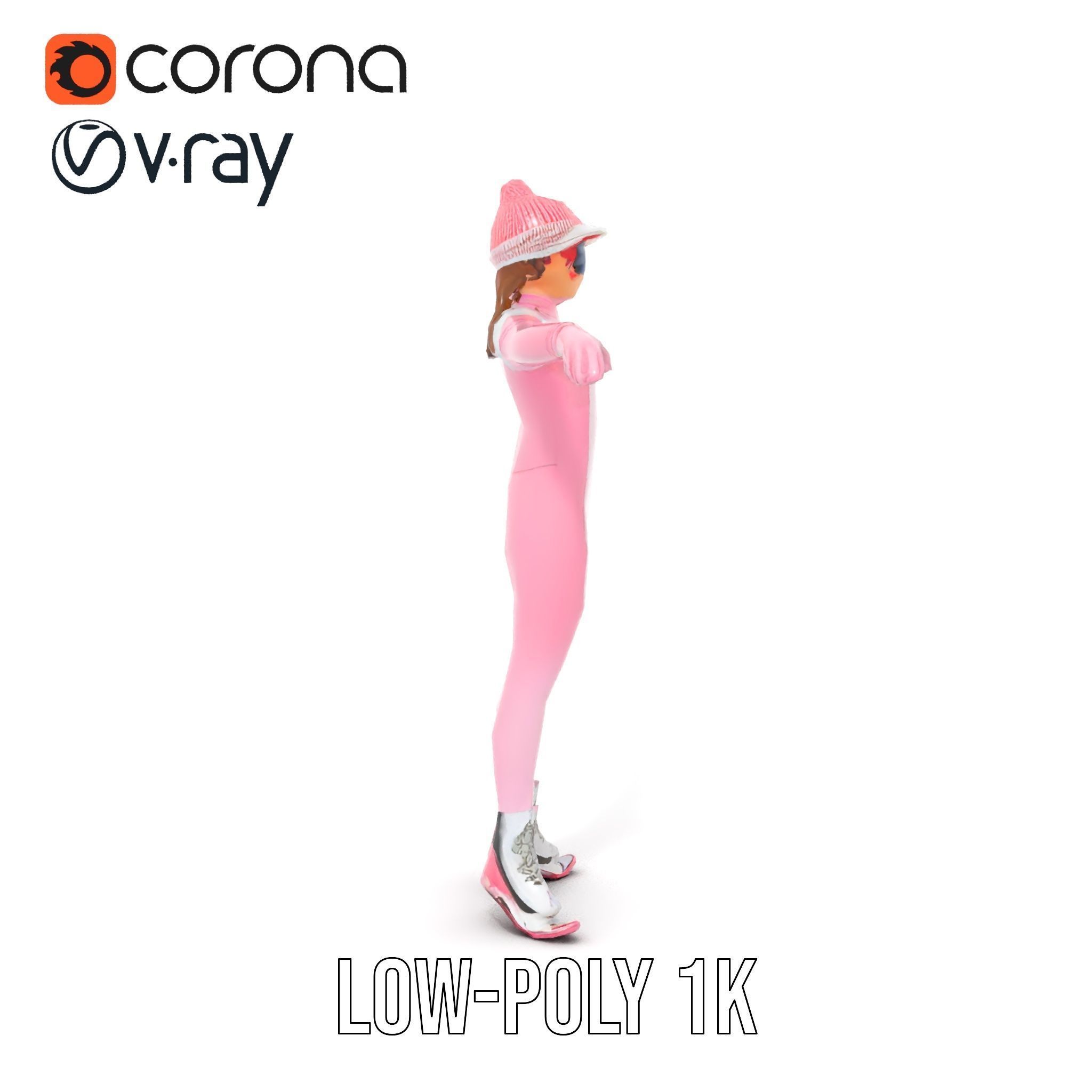 Pink Winter Skater Girl Rigged and Animated Low-poly 3D model_9