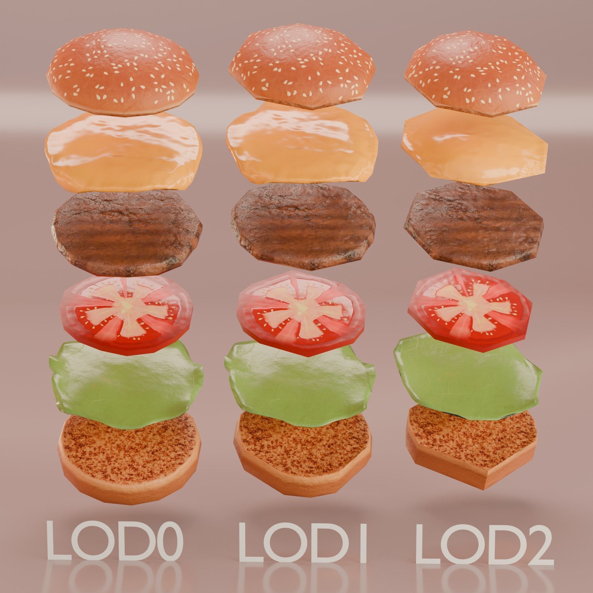 Hamburger 3D Model Game Ready with LODs PBR Textures Low-poly 3D model_4