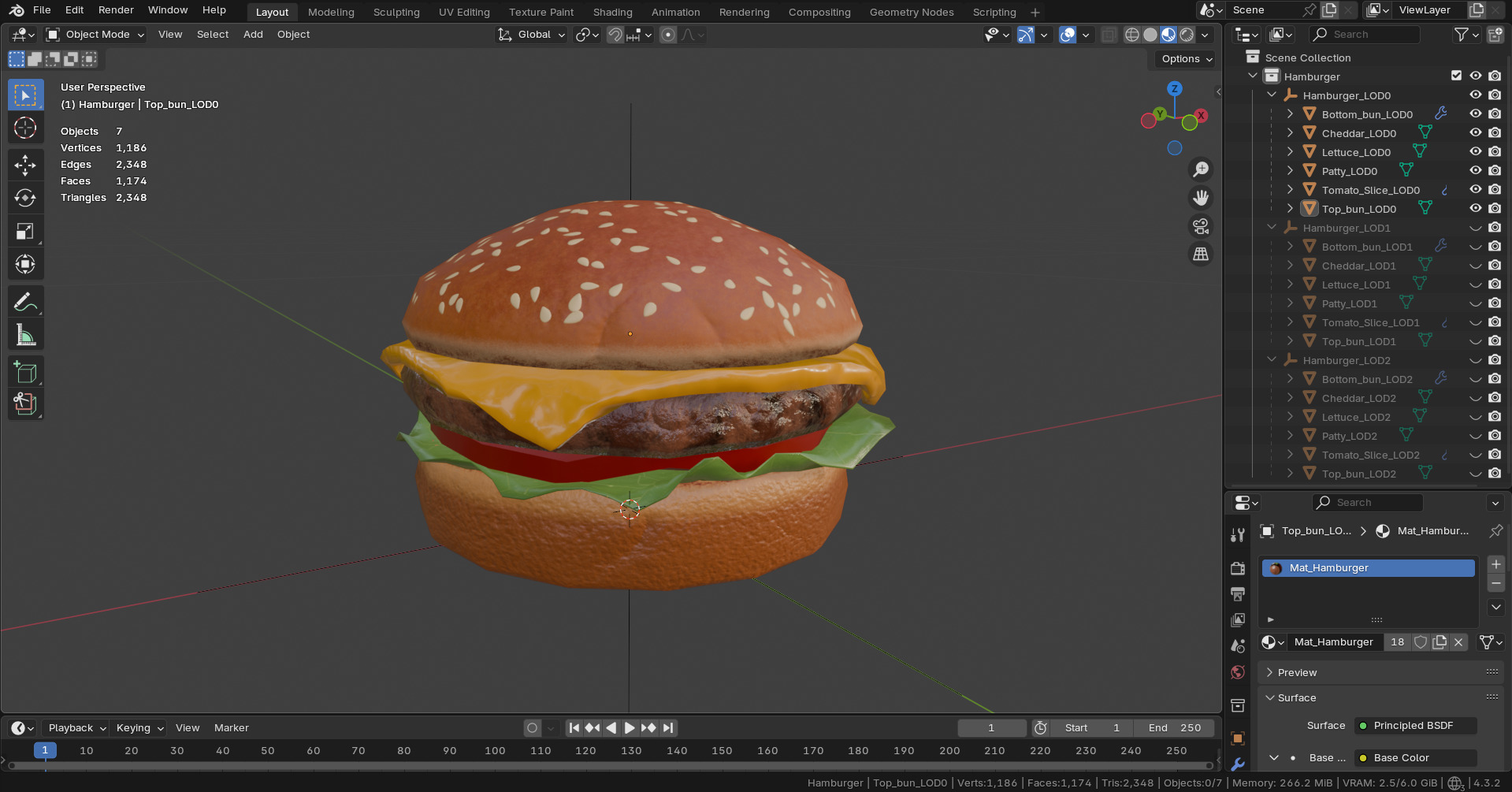 Hamburger 3D Model Game Ready with LODs PBR Textures Low-poly 3D model_12