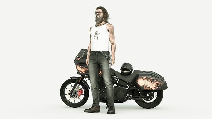 Harley Davidson LowRiderst and Gang Biker 3D Rigged Posed Model 3D model