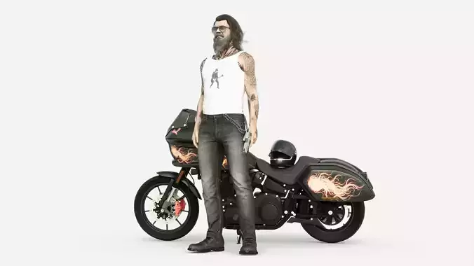 Harley Davidson LowRiderst and Gang Biker 3D Rigged Posed Model