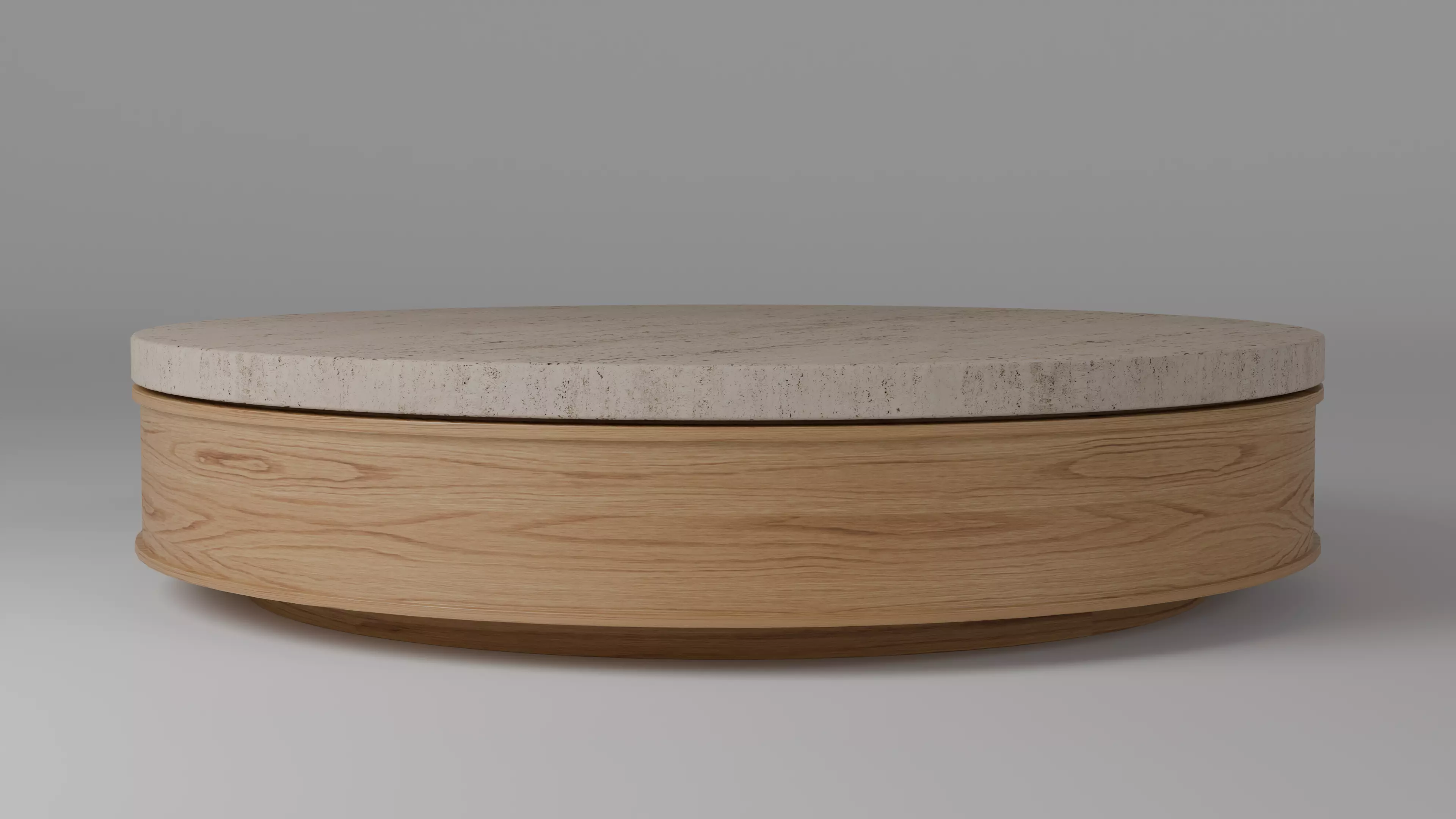 Tera Round Coffee Table Travertine Top Oak Base Modern 3D model_0