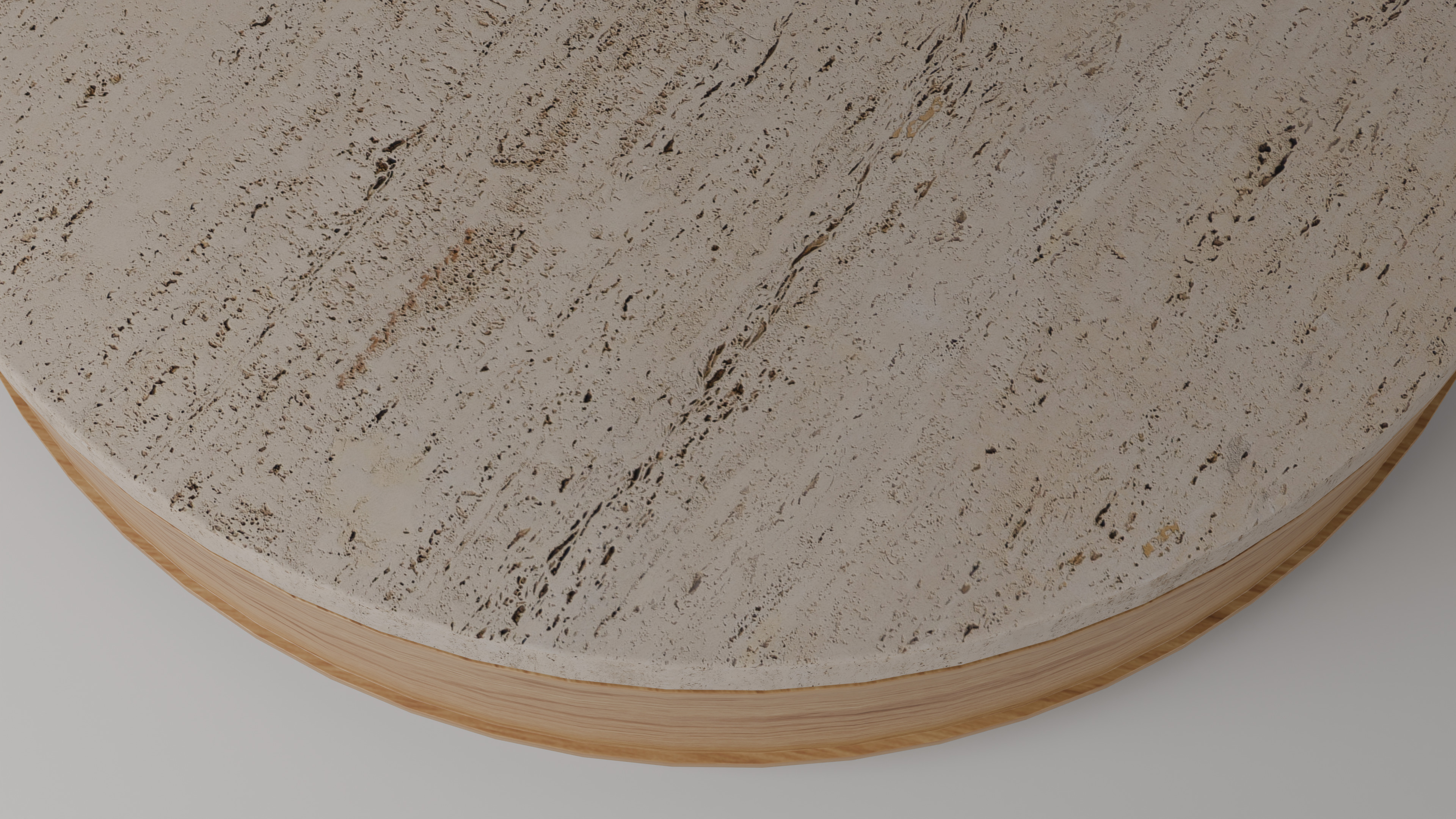 Tera Round Coffee Table Travertine Top Oak Base Modern 3D model_1