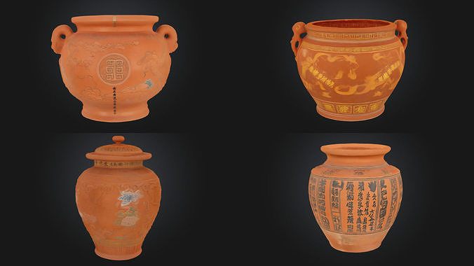 Chinese style asset terracotta pot 3D model pack of 4 Low-poly 3D model