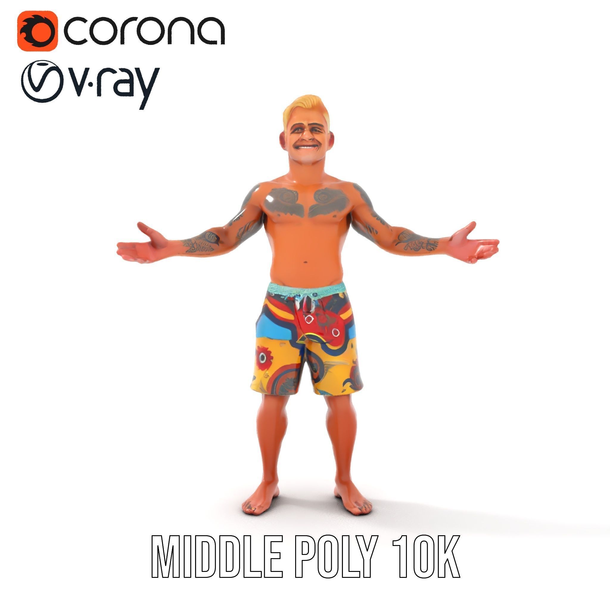 Beach Surfer Character with Tattoos  Rigged and Animated D Model Low-poly 3D model_17