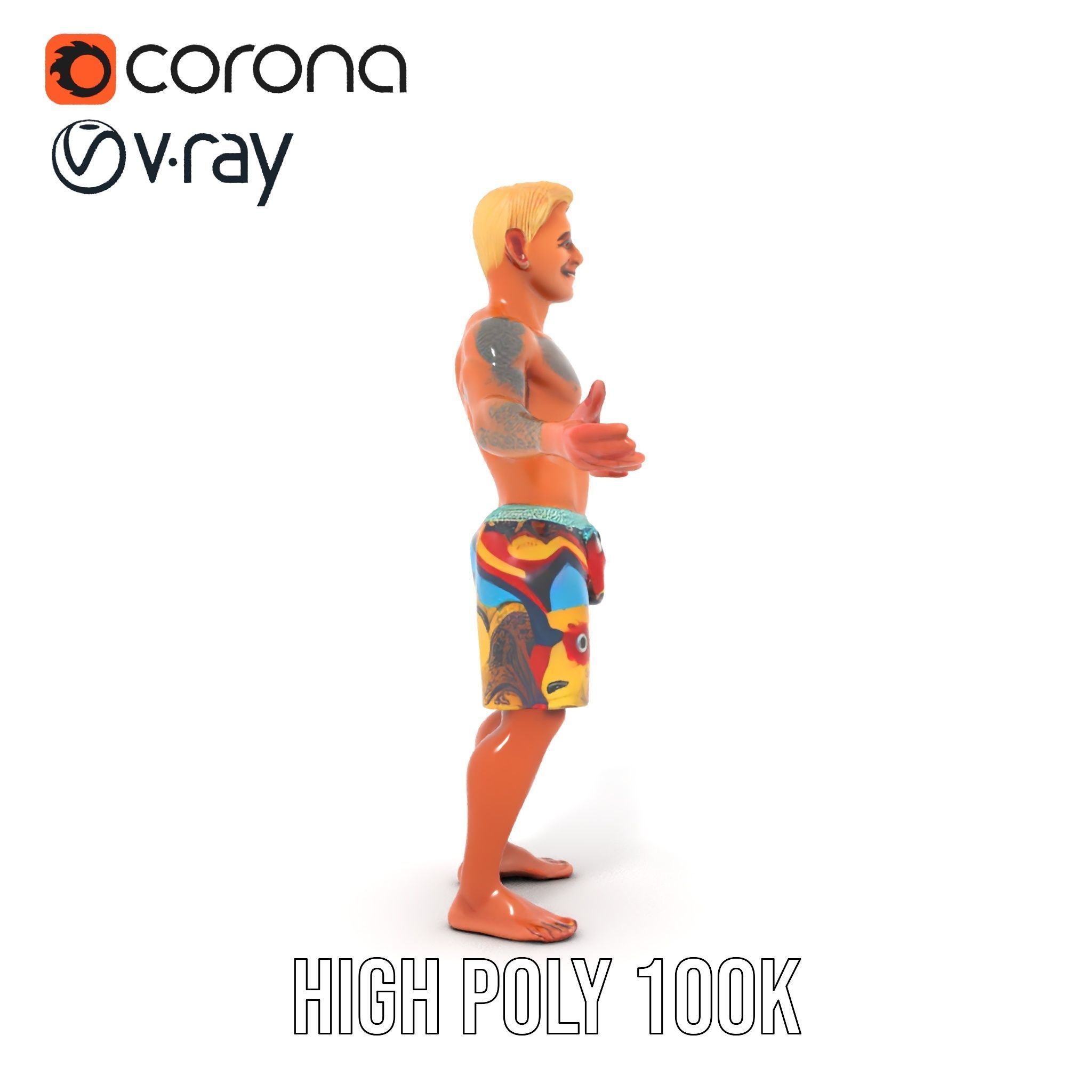 Beach Surfer Character with Tattoos  Rigged and Animated D Model Low-poly 3D model_19