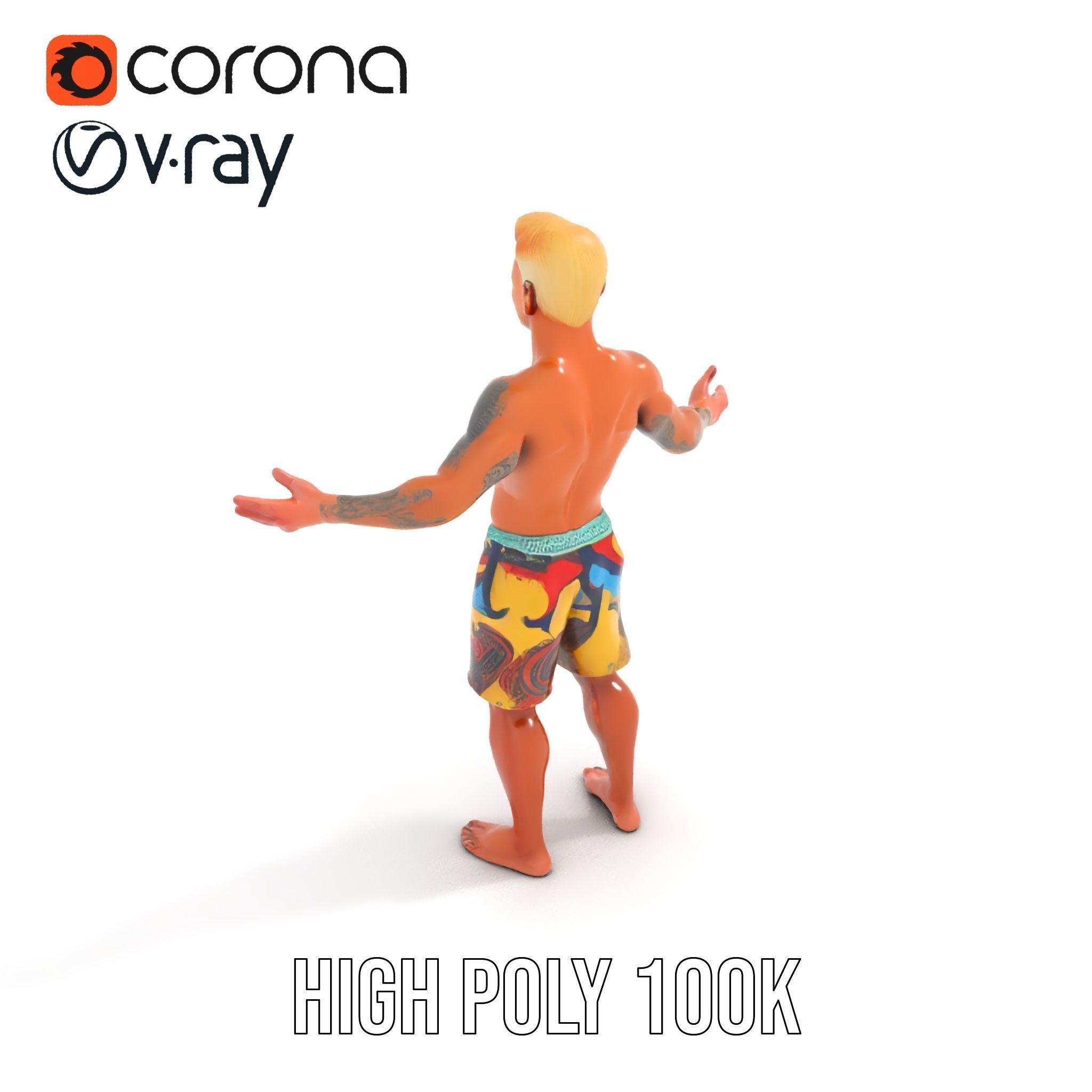 Beach Surfer Character with Tattoos  Rigged and Animated D Model Low-poly 3D model_11