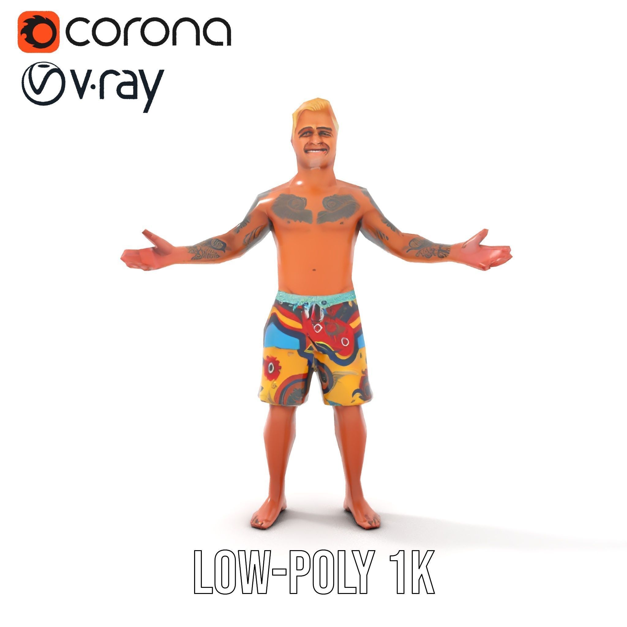 Beach Surfer Character with Tattoos  Rigged and Animated D Model Low-poly 3D model_18