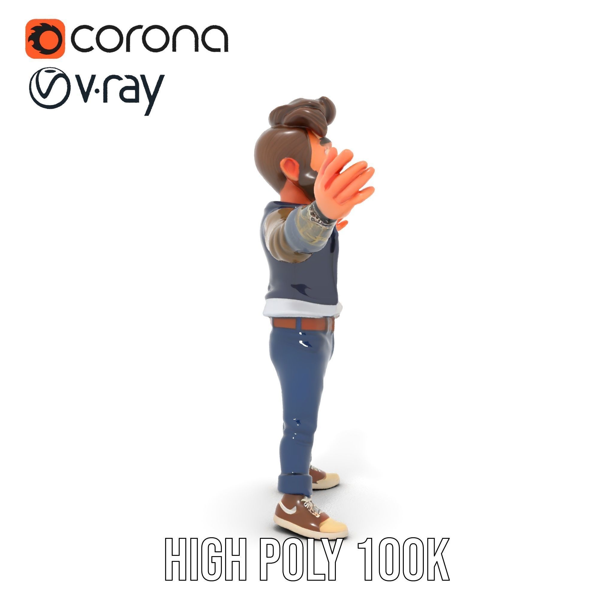 Stylish Bearded Character with Denim Jacket Rigged and Animated Low-poly 3D model_20