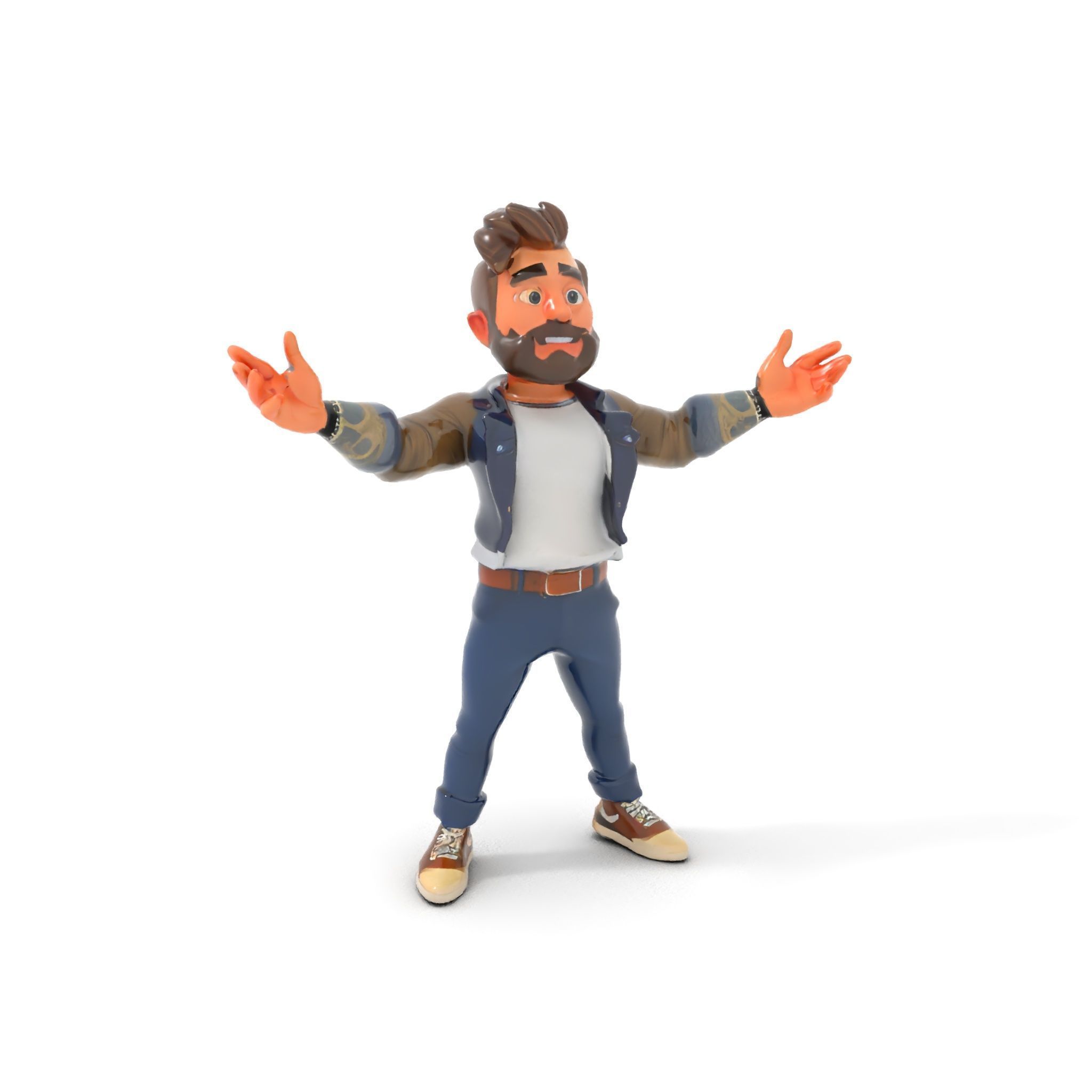 Stylish Bearded Character with Denim Jacket Rigged and Animated Low-poly 3D model_21