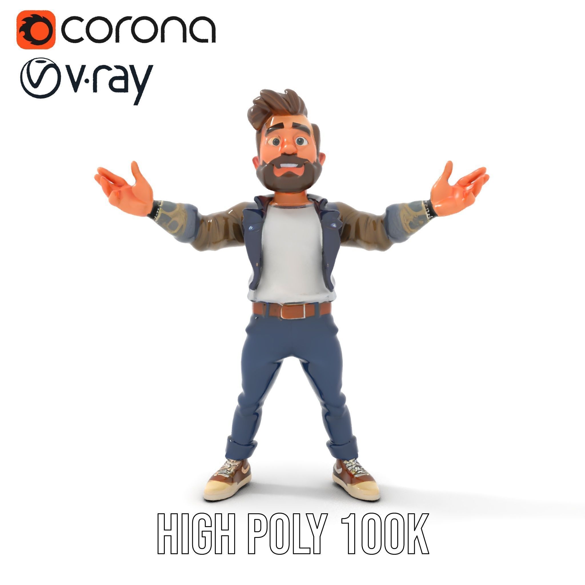 Stylish Bearded Character with Denim Jacket Rigged and Animated Low-poly 3D model_14