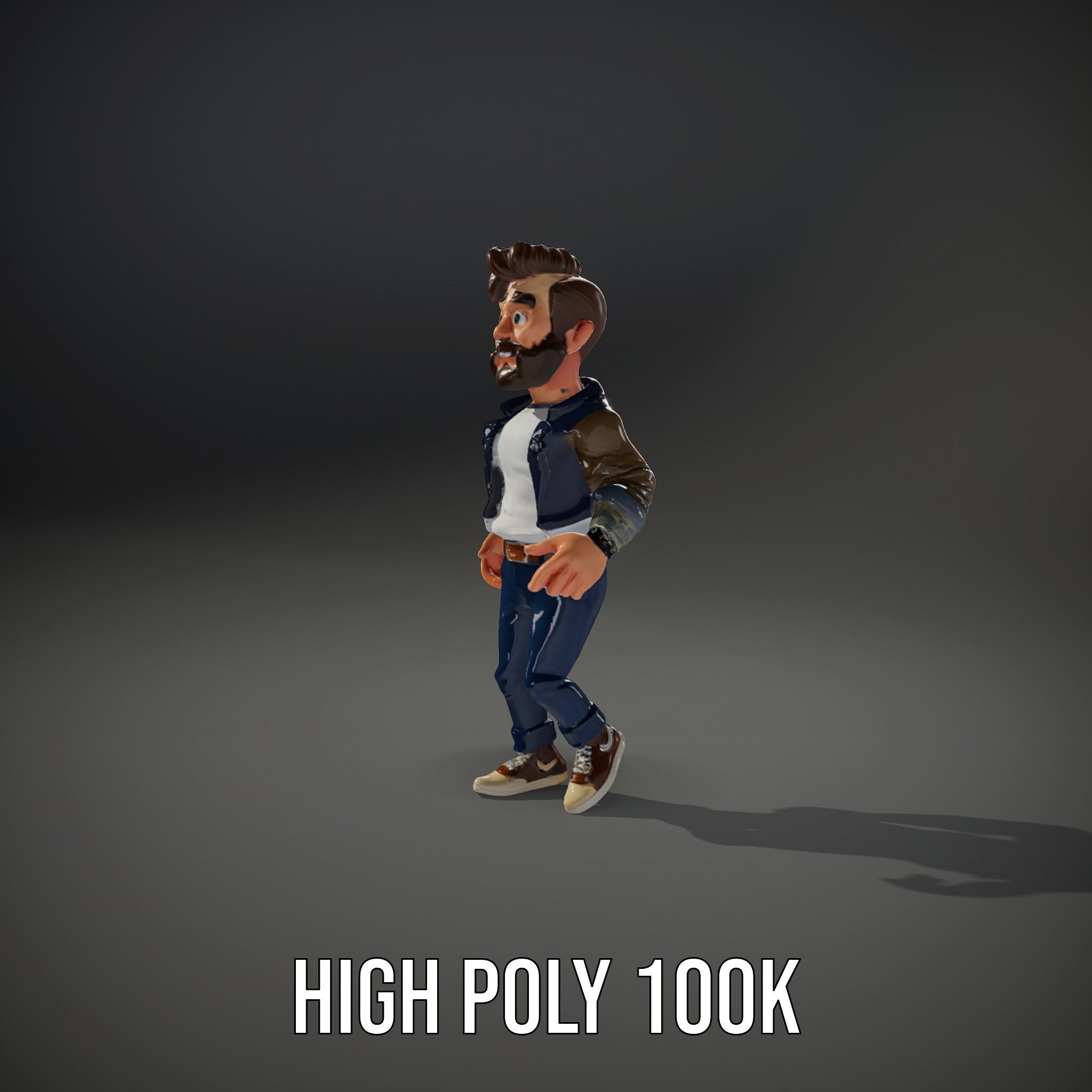 Stylish Bearded Character with Denim Jacket Rigged and Animated Low-poly 3D model_29