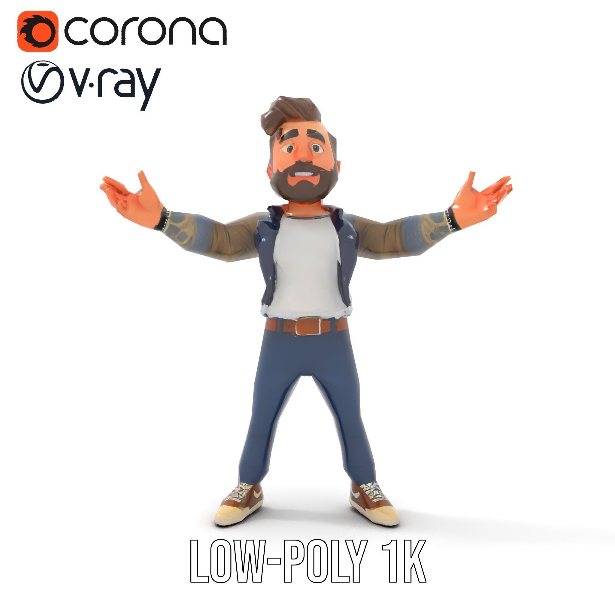 Stylish Bearded Character with Denim Jacket Rigged and Animated Low-poly 3D model_7