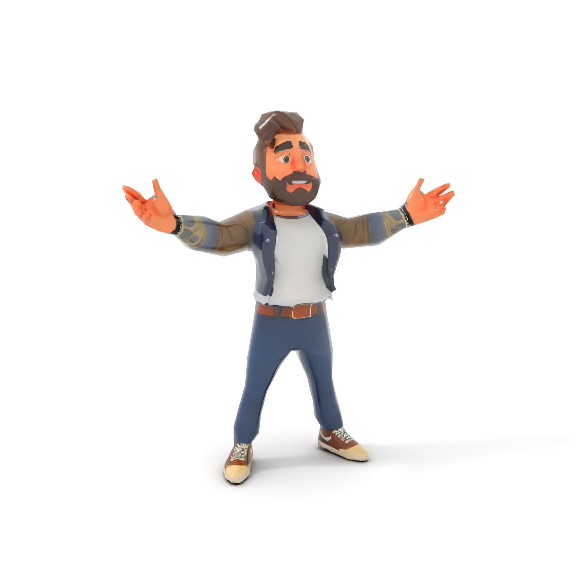 Stylish Bearded Character with Denim Jacket Rigged and Animated Low-poly 3D model_10