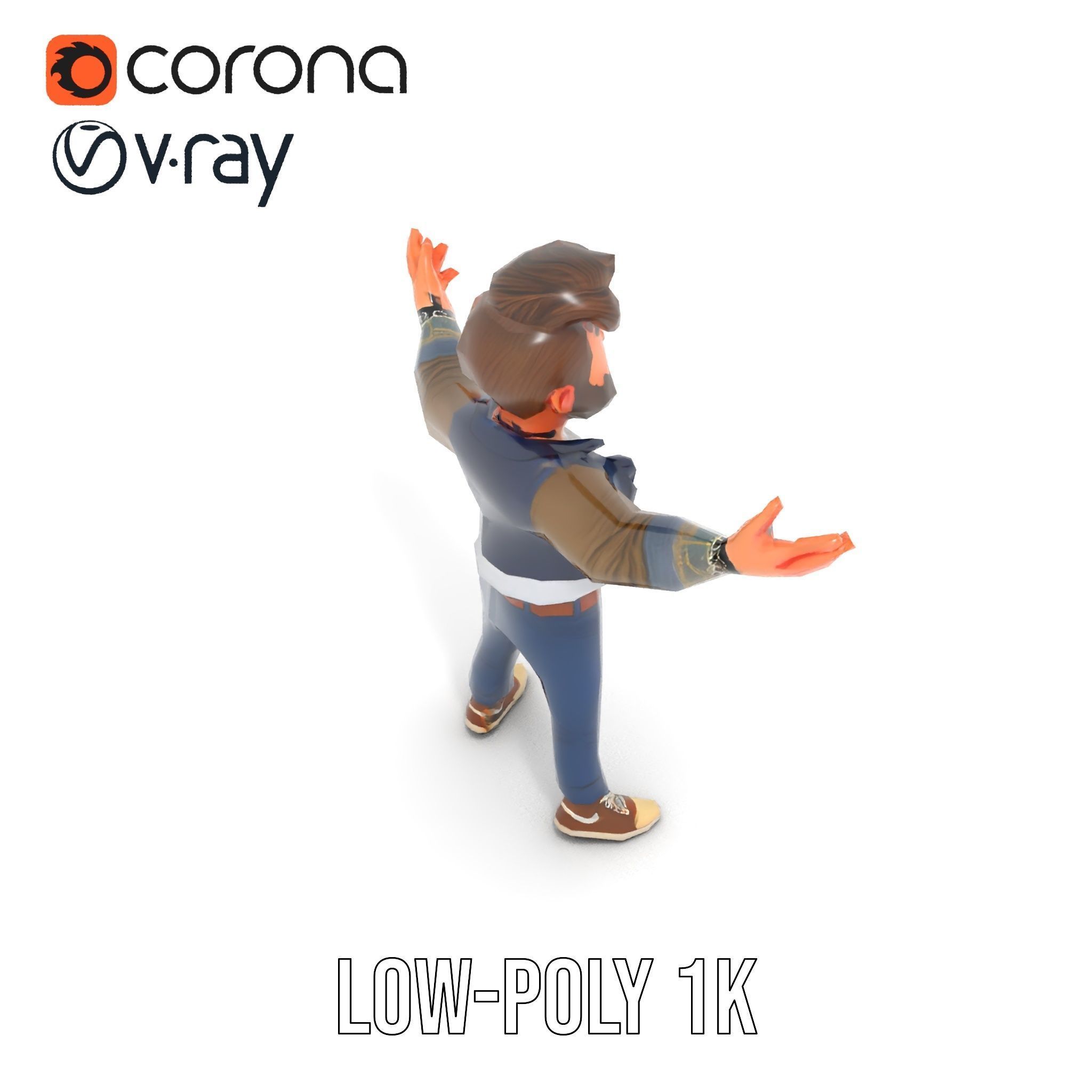 Stylish Bearded Character with Denim Jacket Rigged and Animated Low-poly 3D model_16