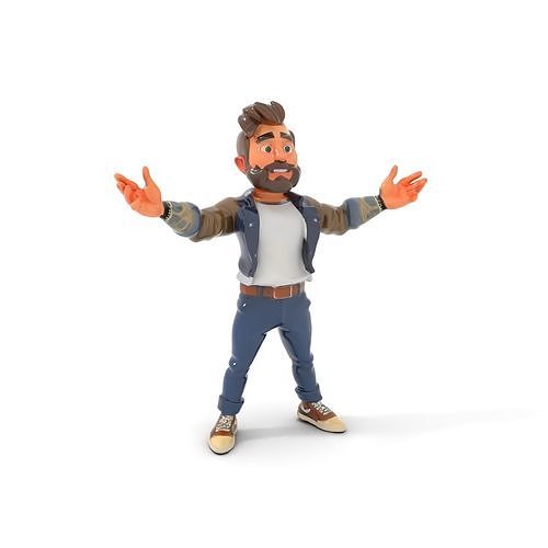 Stylish Bearded Character with Denim Jacket Rigged and Animated Low-poly 3D model