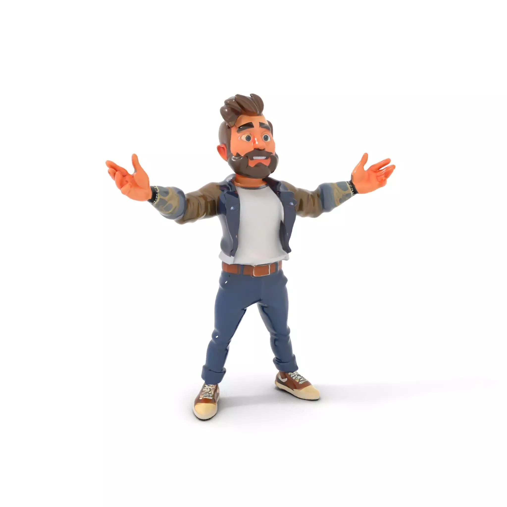 Stylish Bearded Character with Denim Jacket Rigged and Animated Low-poly 3D model_0