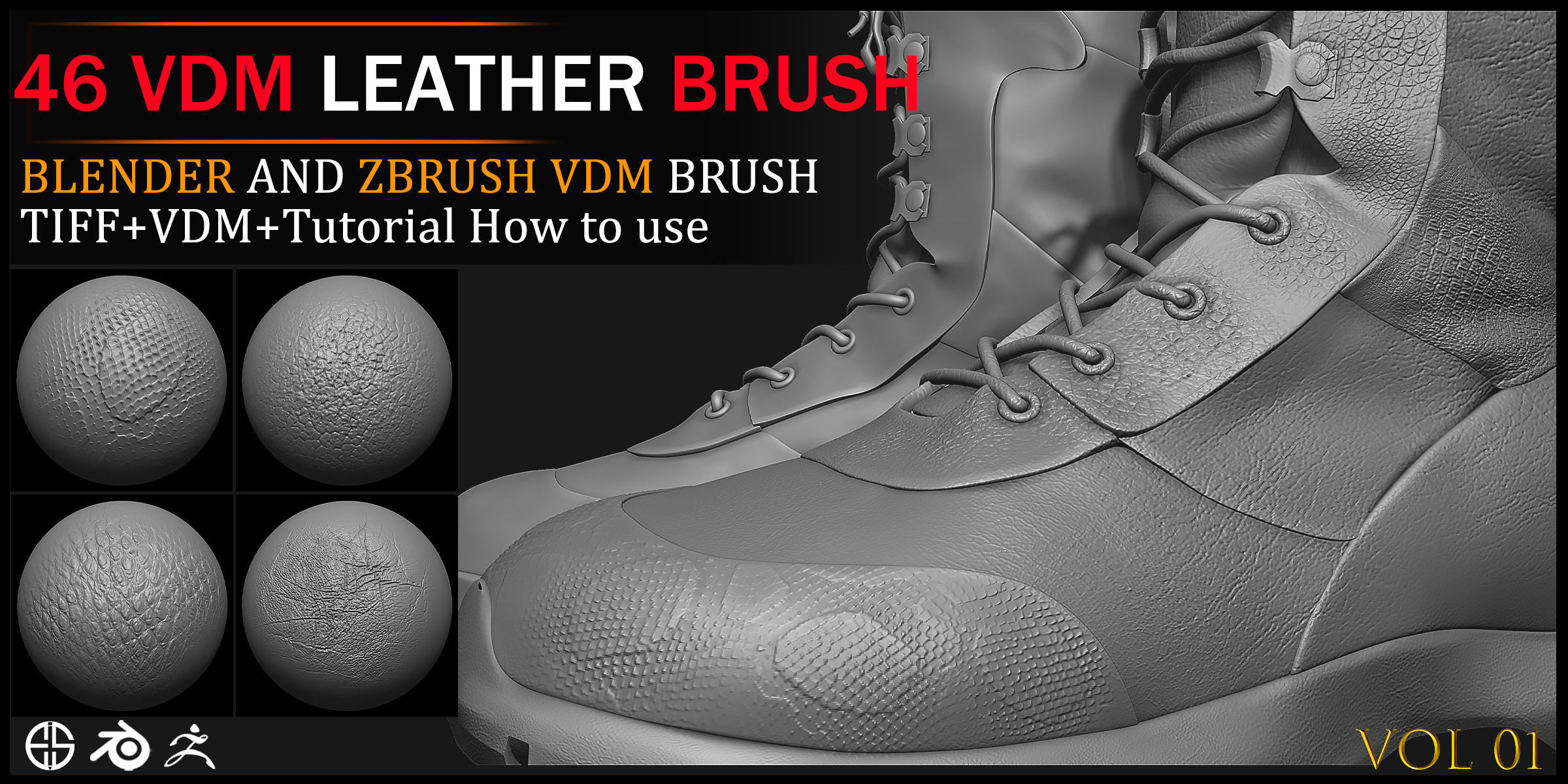 Leather Vdm Brush-46 Vdm-Alpha-Blender And Zbrush Brush-Vol 01 3D model_2