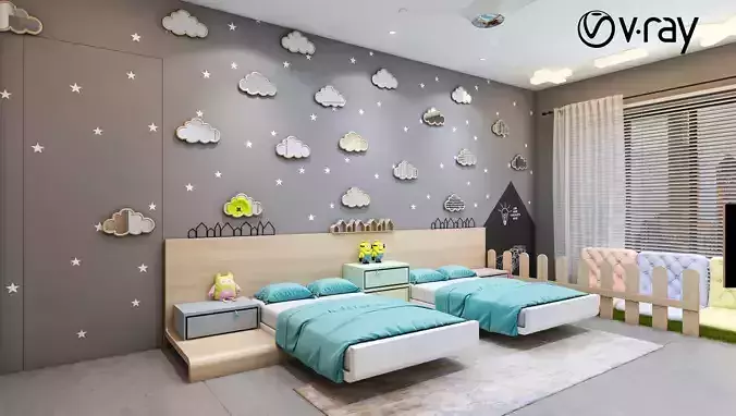 Realistic Kids Bedroom Scene 3ds max Vray