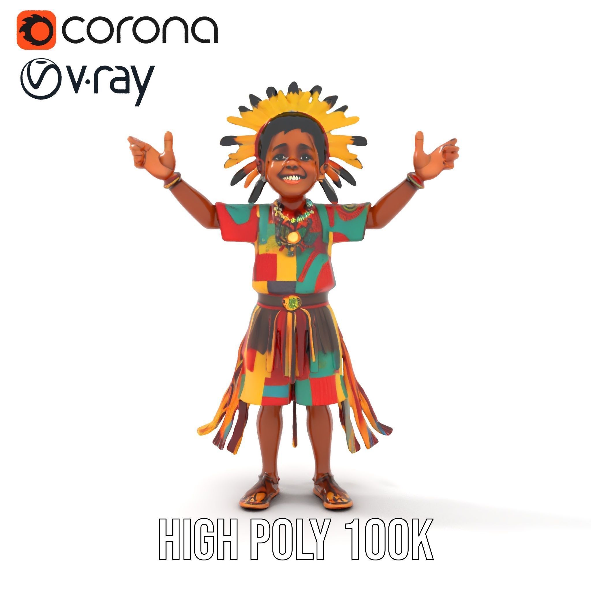 Colorful Tribal Child Character Rigged and Animated Model Low-poly 3D model_17