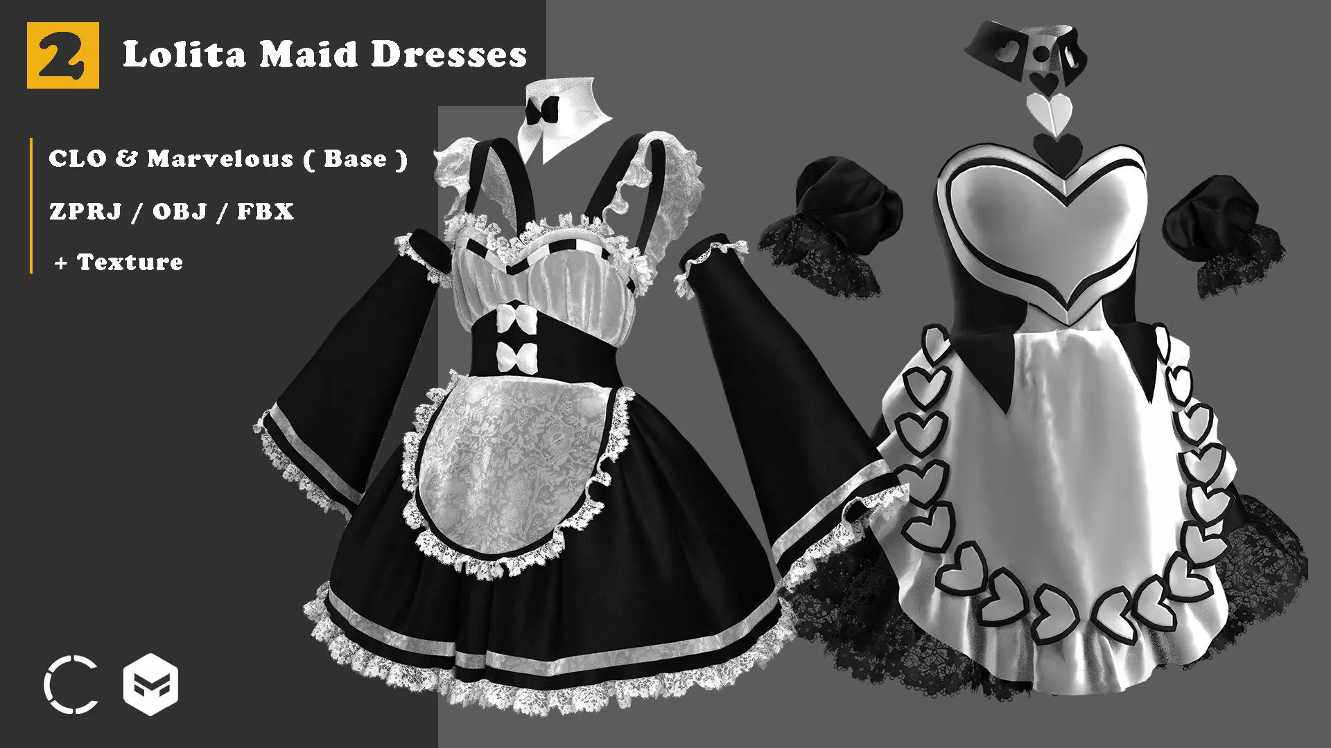 2 Lolita Maid Dresses Quad Mesh and Textured MD CLO 3D model