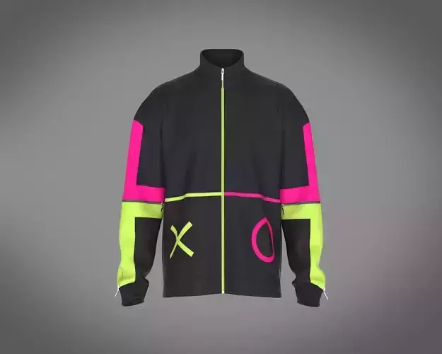 Mens jacket with X and O cut and sew zipper detailing