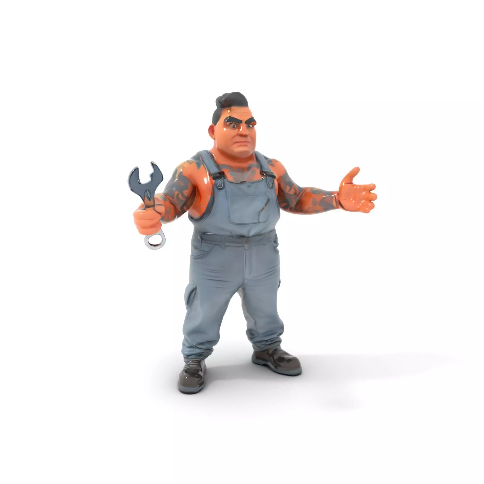 Tattooed Mechanic Character Rigged and Animated with Overalls... Low-poly 3D model