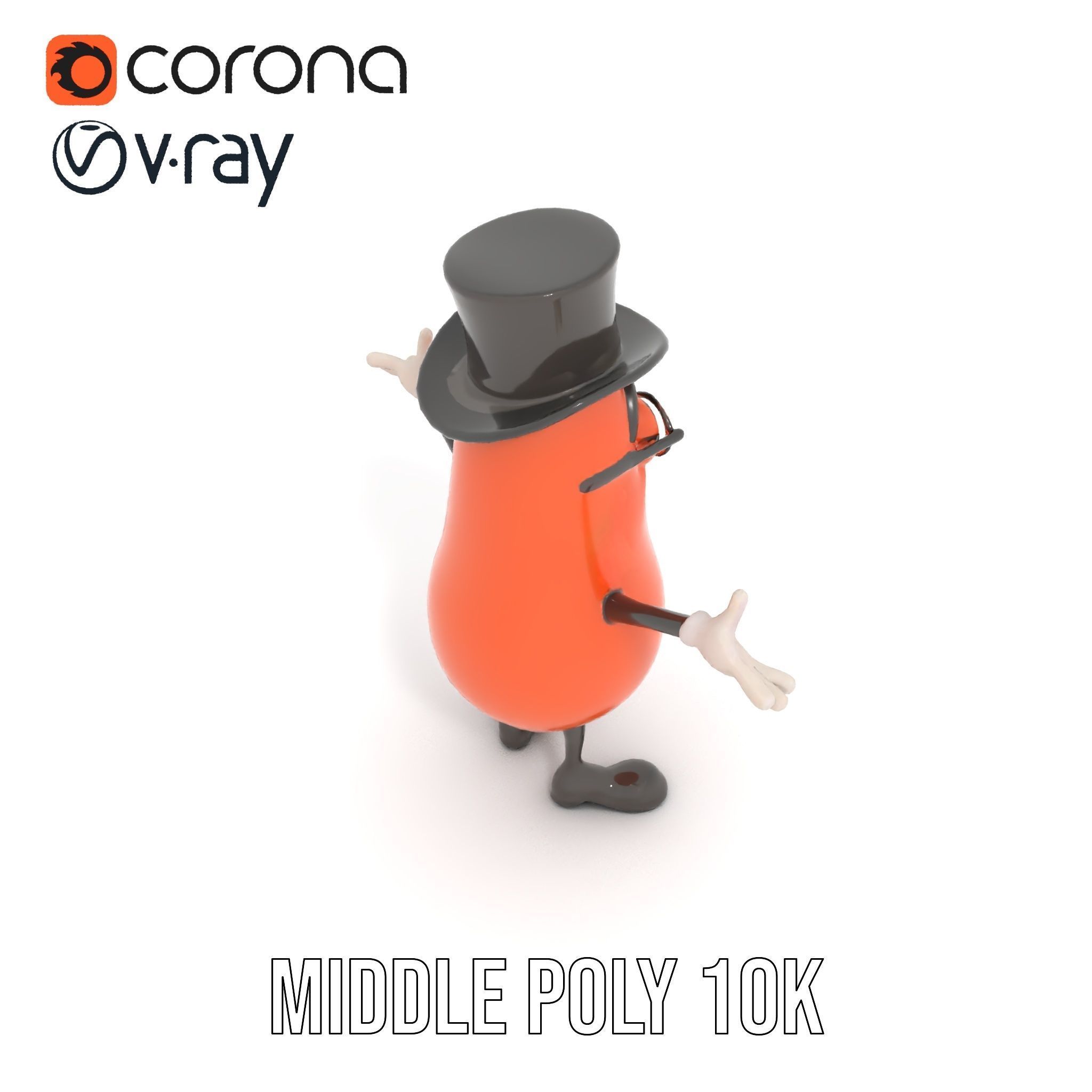 Cheerful Bean Character with Top Hat and Glasses  Rigged and ... Low-poly 3D model_27
