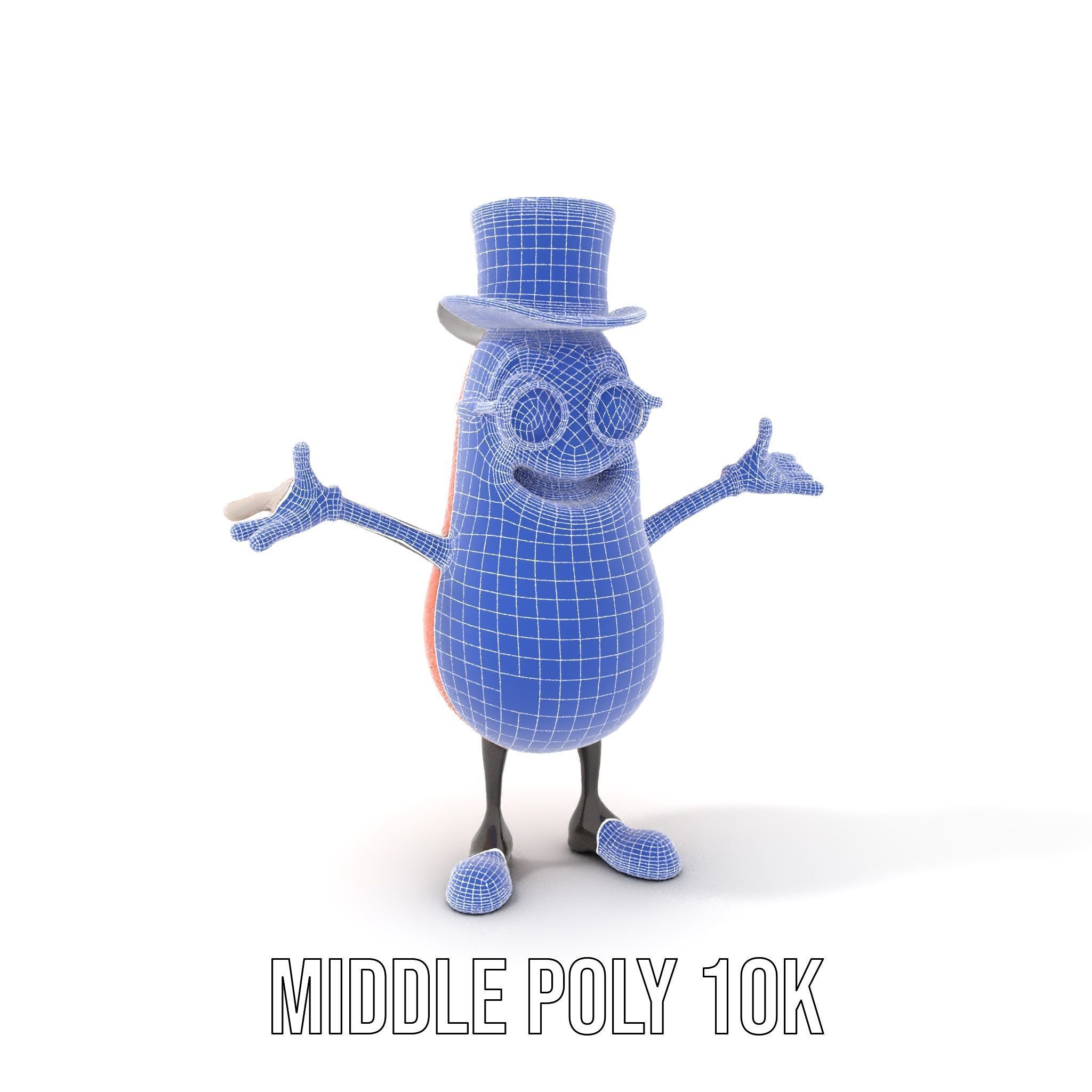 Cheerful Bean Character with Top Hat and Glasses  Rigged and ... Low-poly 3D model_30