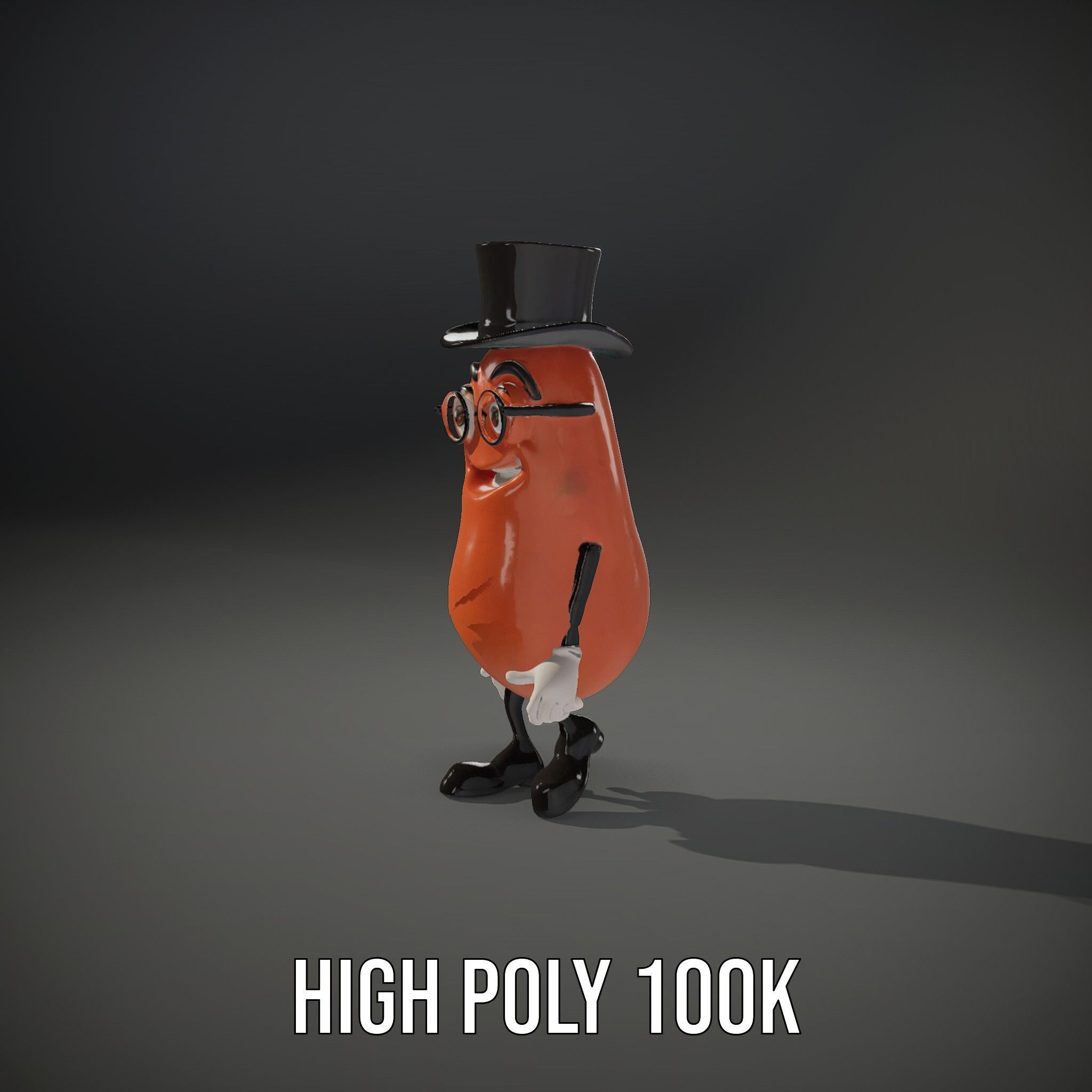 Cheerful Bean Character with Top Hat and Glasses  Rigged and ... Low-poly 3D model_10