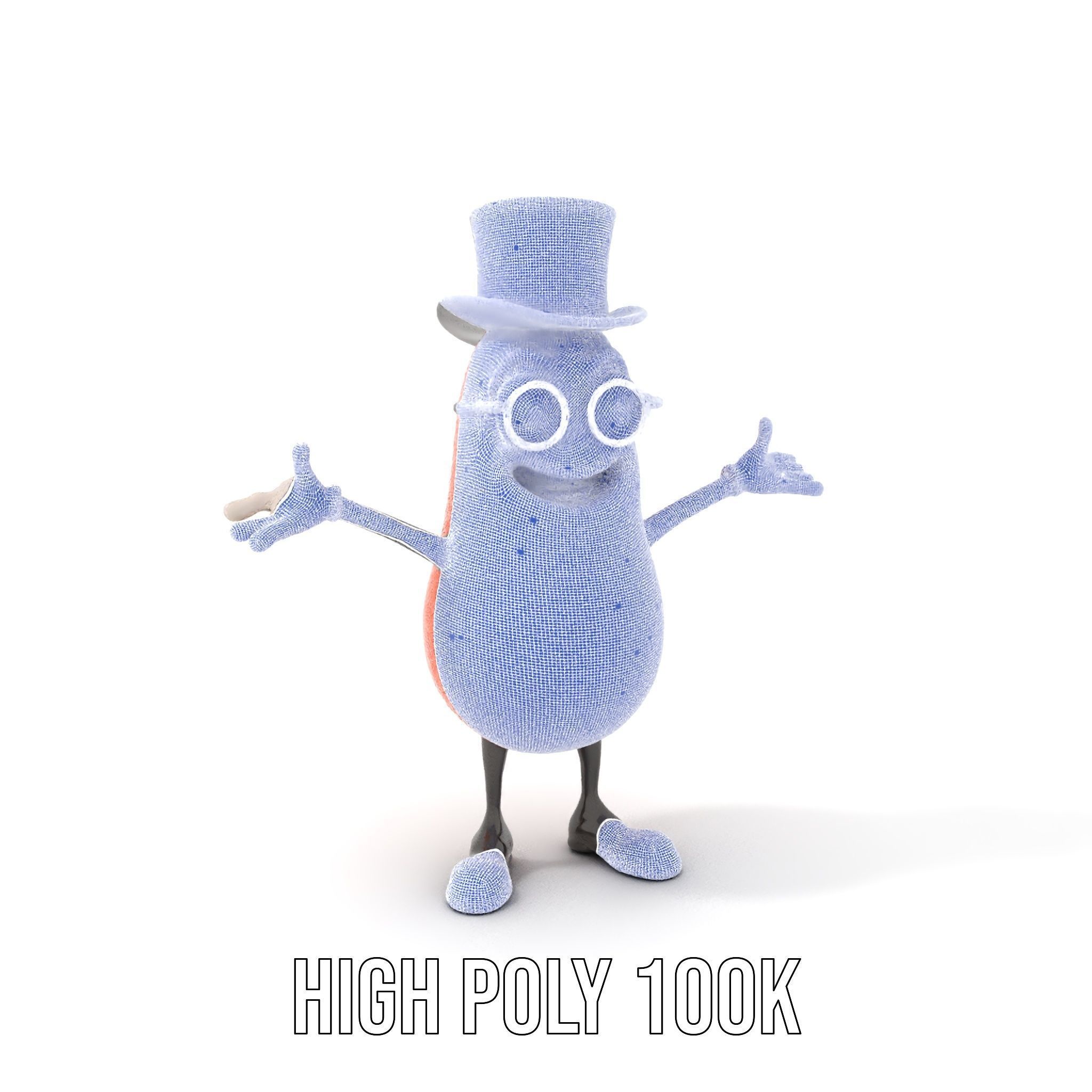 Cheerful Bean Character with Top Hat and Glasses  Rigged and ... Low-poly 3D model_4