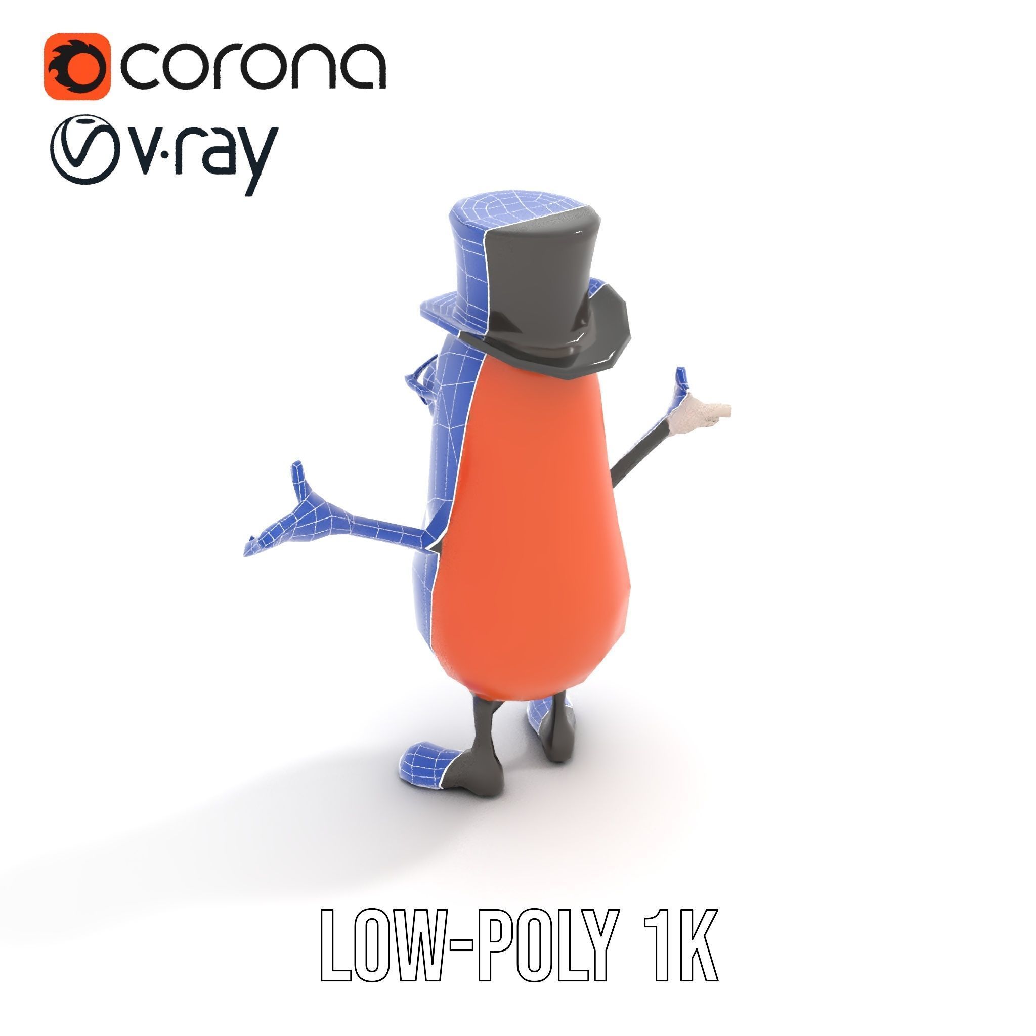 Cheerful Bean Character with Top Hat and Glasses  Rigged and ... Low-poly 3D model_12