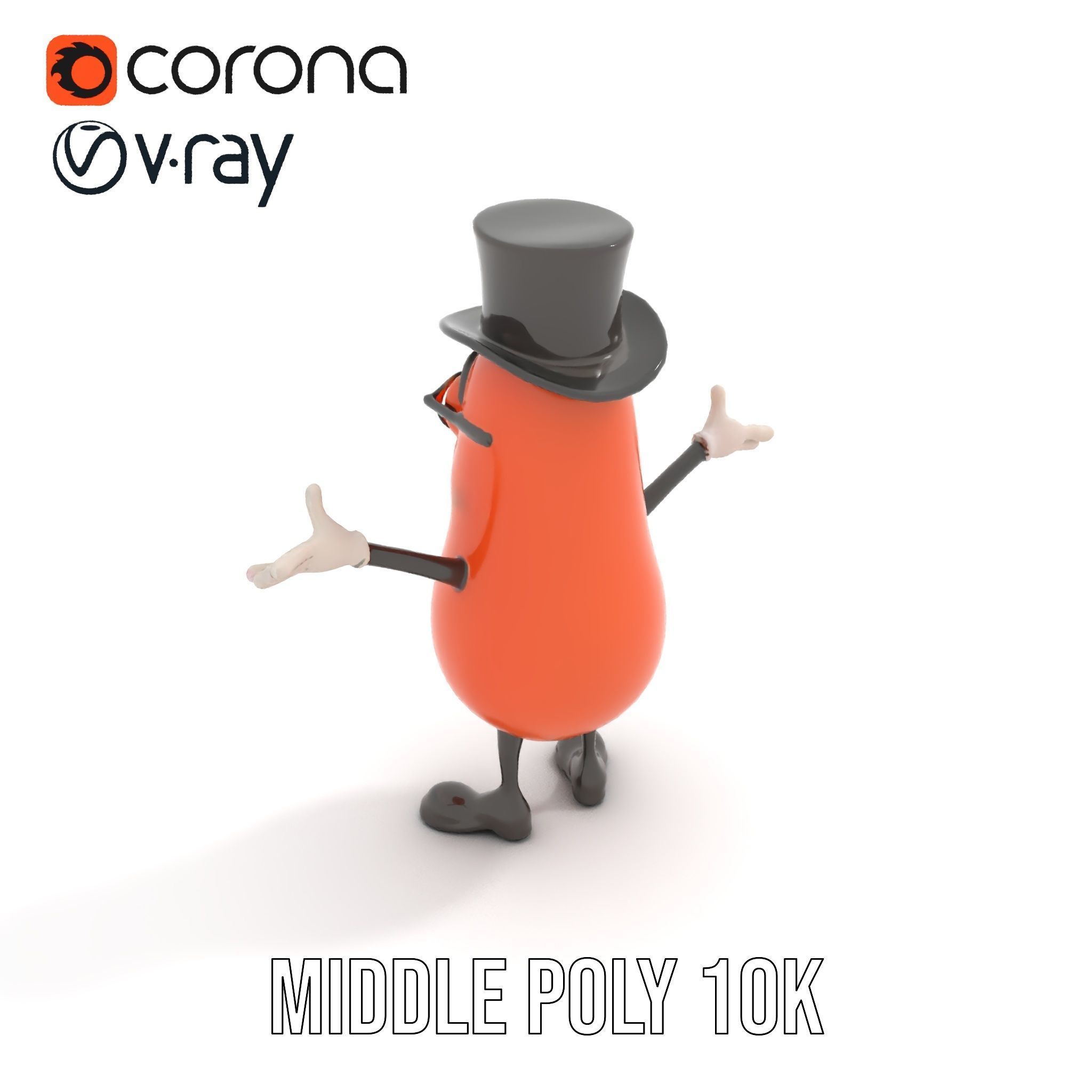 Cheerful Bean Character with Top Hat and Glasses  Rigged and ... Low-poly 3D model_11