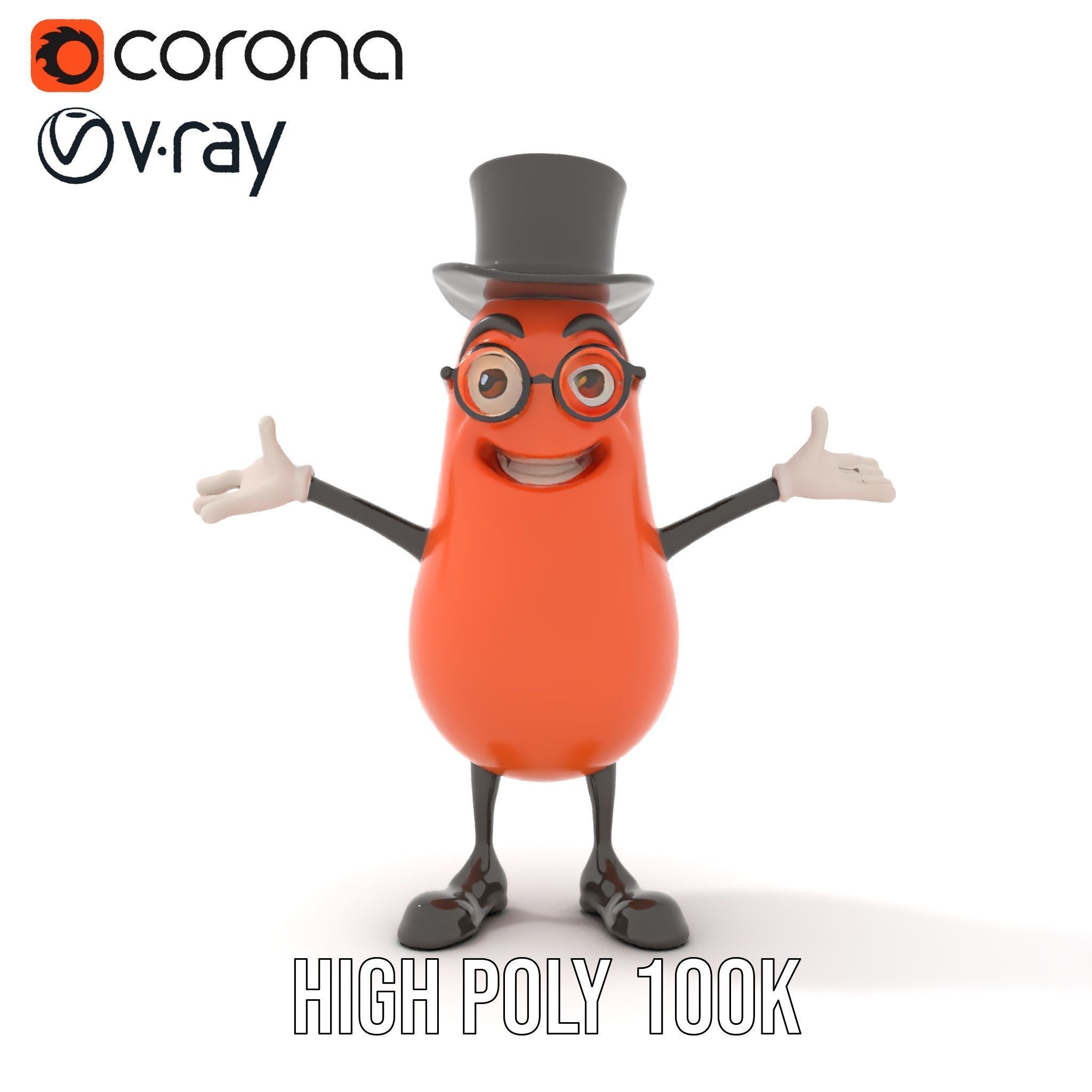 Cheerful Bean Character with Top Hat and Glasses  Rigged and ... Low-poly 3D model_20