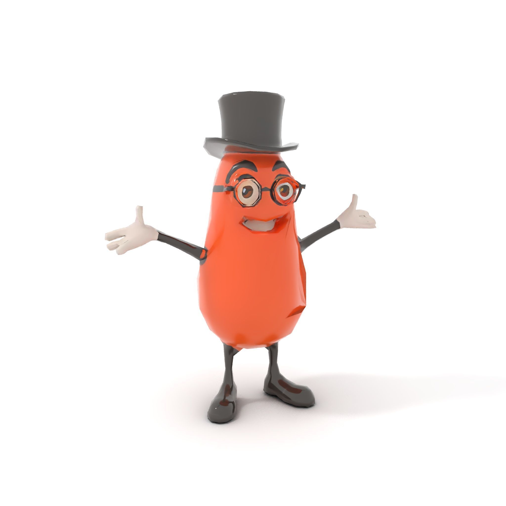 Cheerful Bean Character with Top Hat and Glasses  Rigged and ... Low-poly 3D model_7