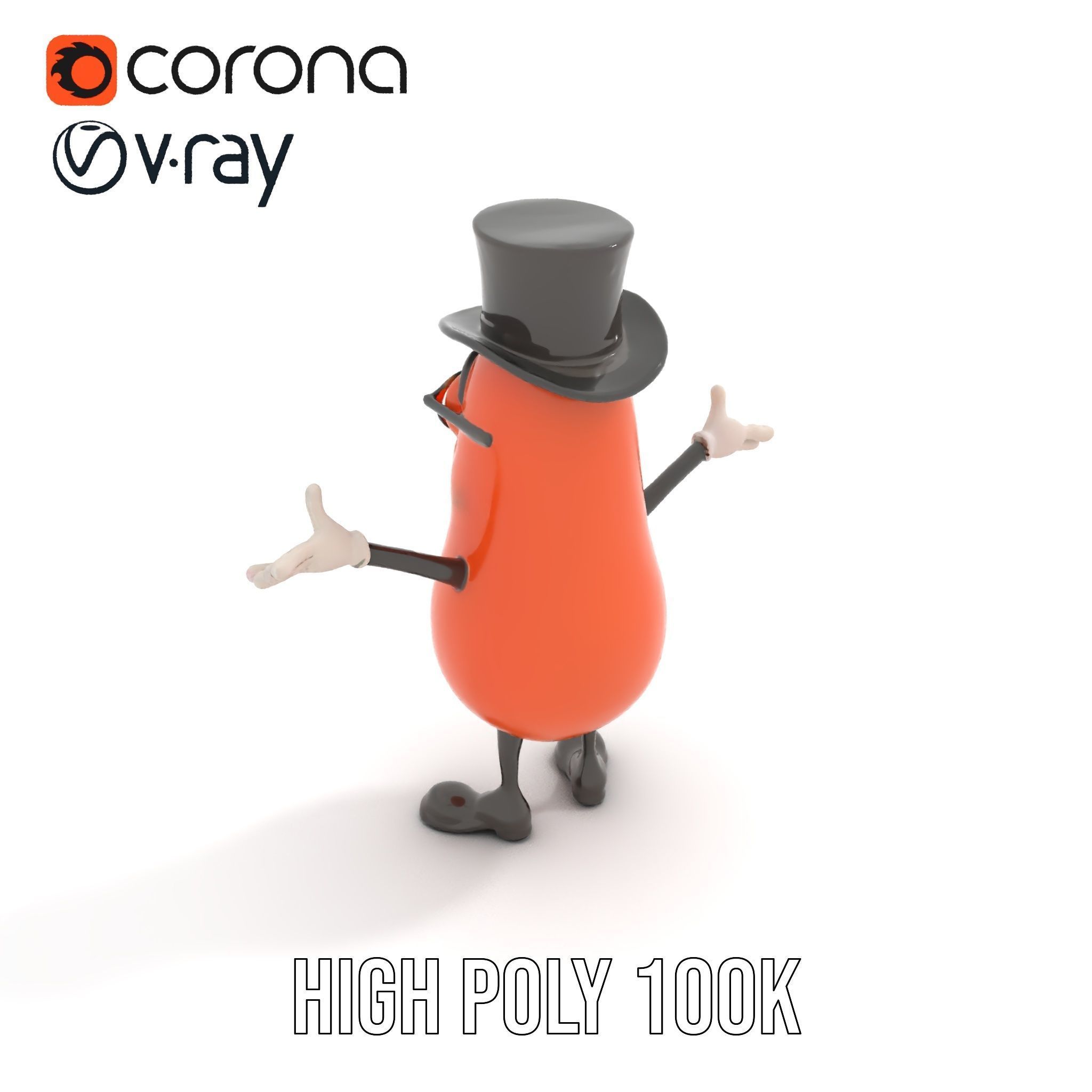 Cheerful Bean Character with Top Hat and Glasses  Rigged and ... Low-poly 3D model_15