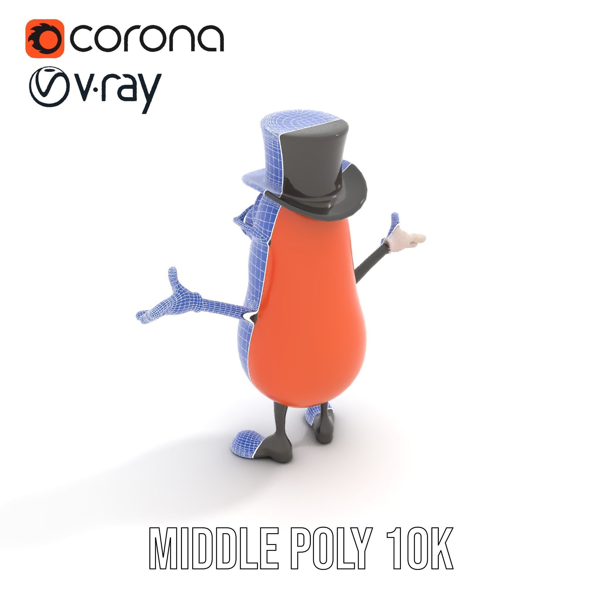 Cheerful Bean Character with Top Hat and Glasses  Rigged and ... Low-poly 3D model_24